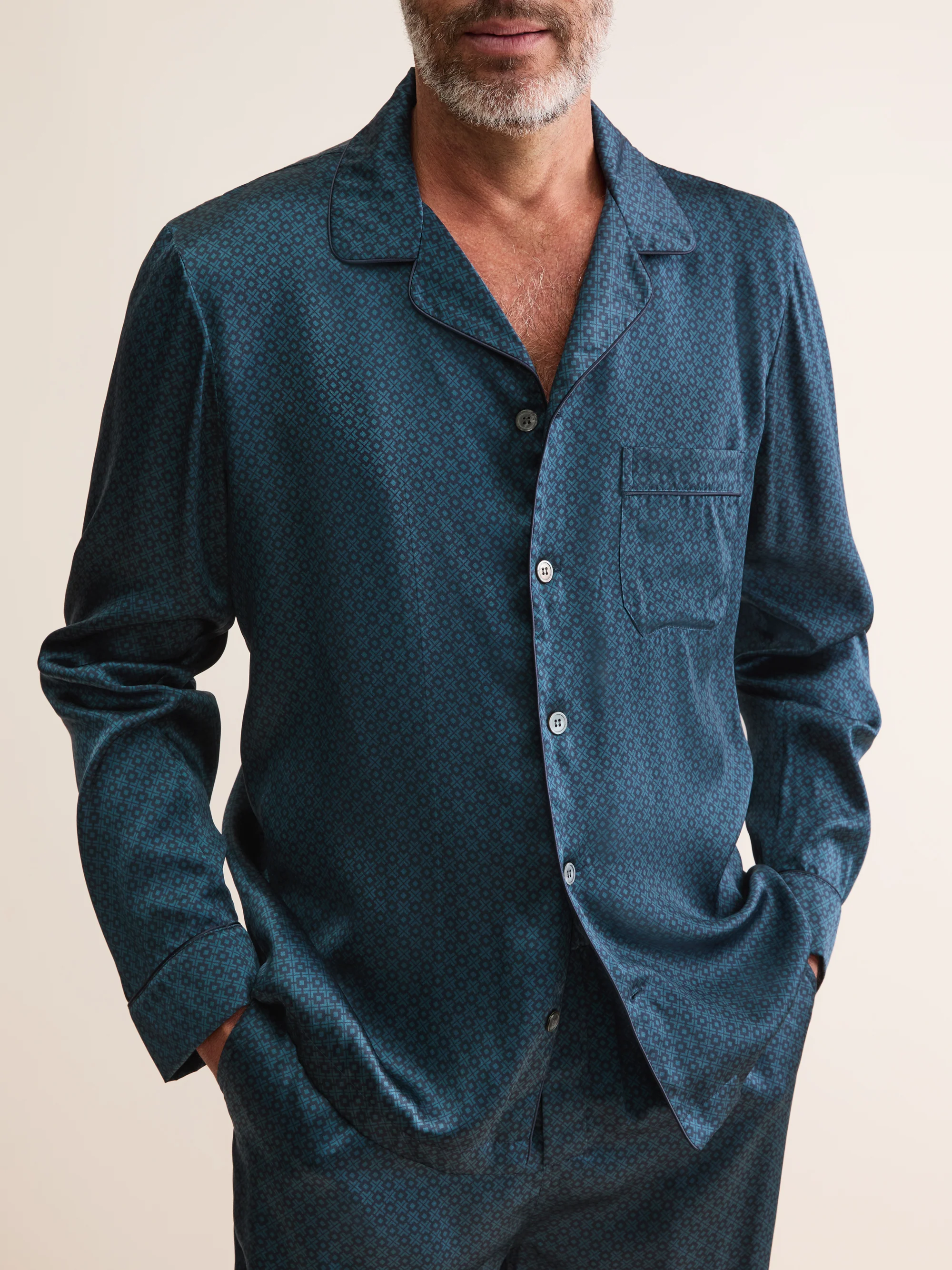 Men's Silk Pyjamas London Geo Cross Blue & Teal - Image 4
