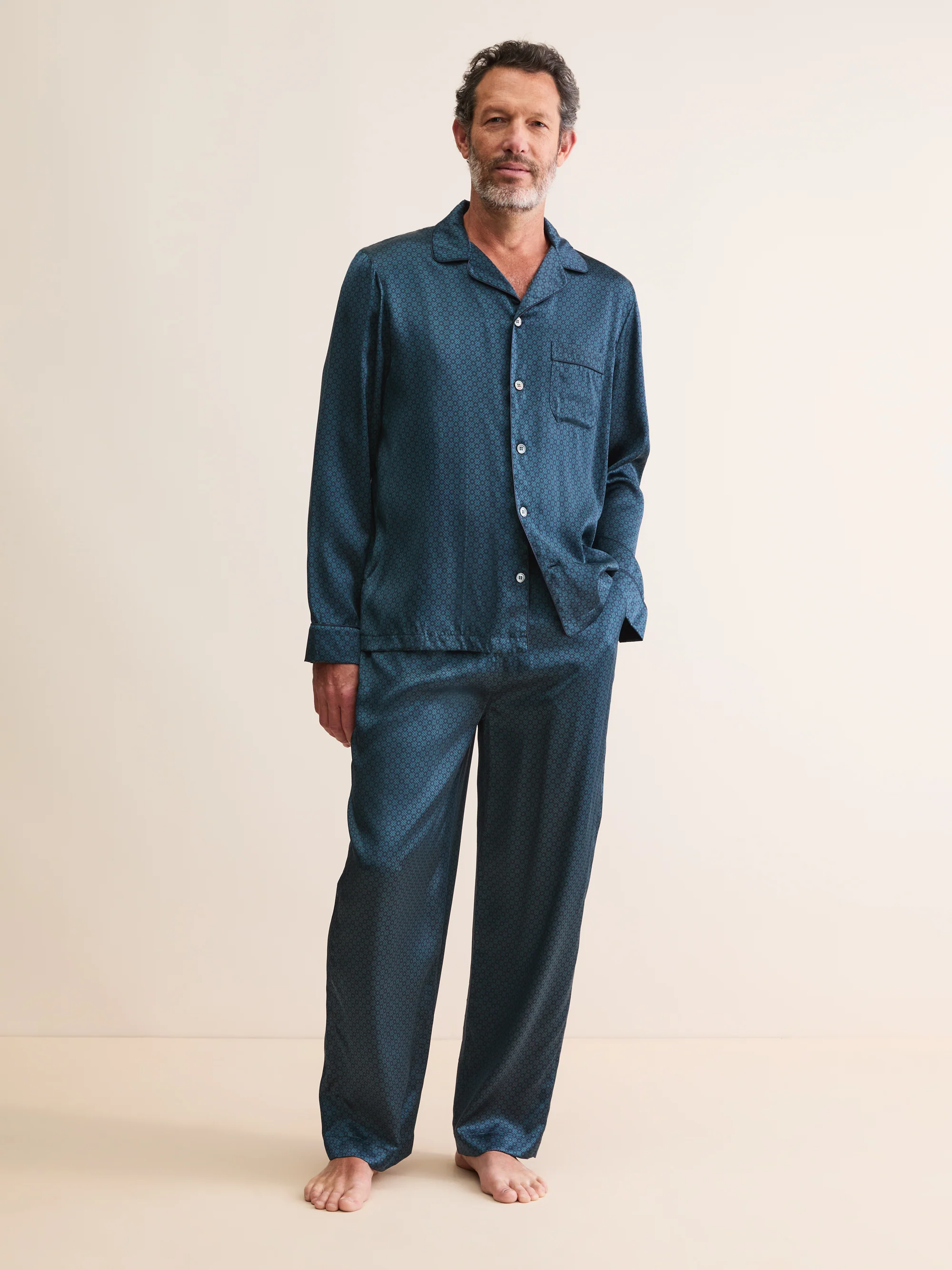 Men's Silk Pyjamas London Geo Cross Blue & Teal - Image 7