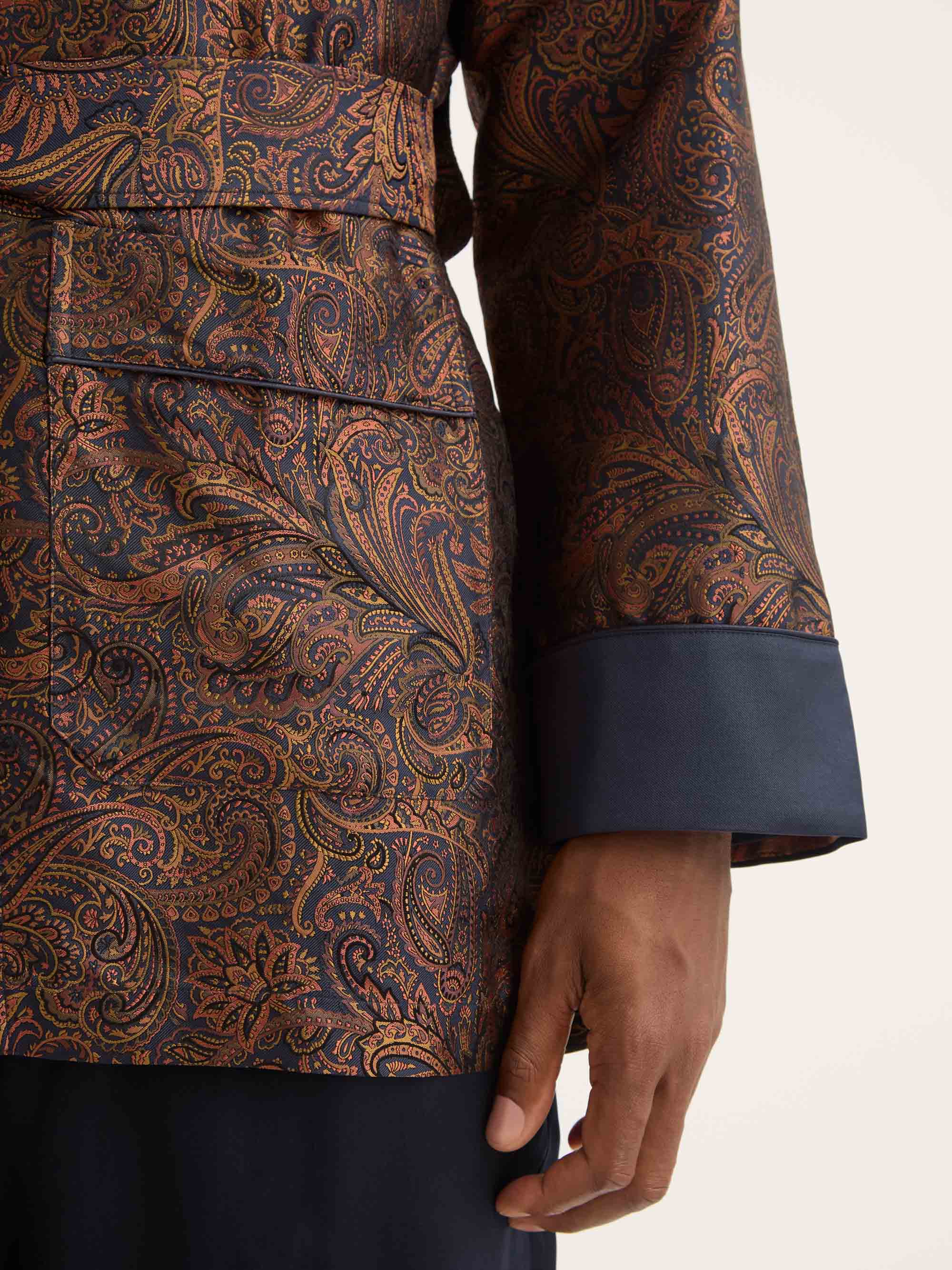 Men's Smoking Jacket Silk Jacquard Navy Blue & Antique Gold Paisley Weave - Image 5