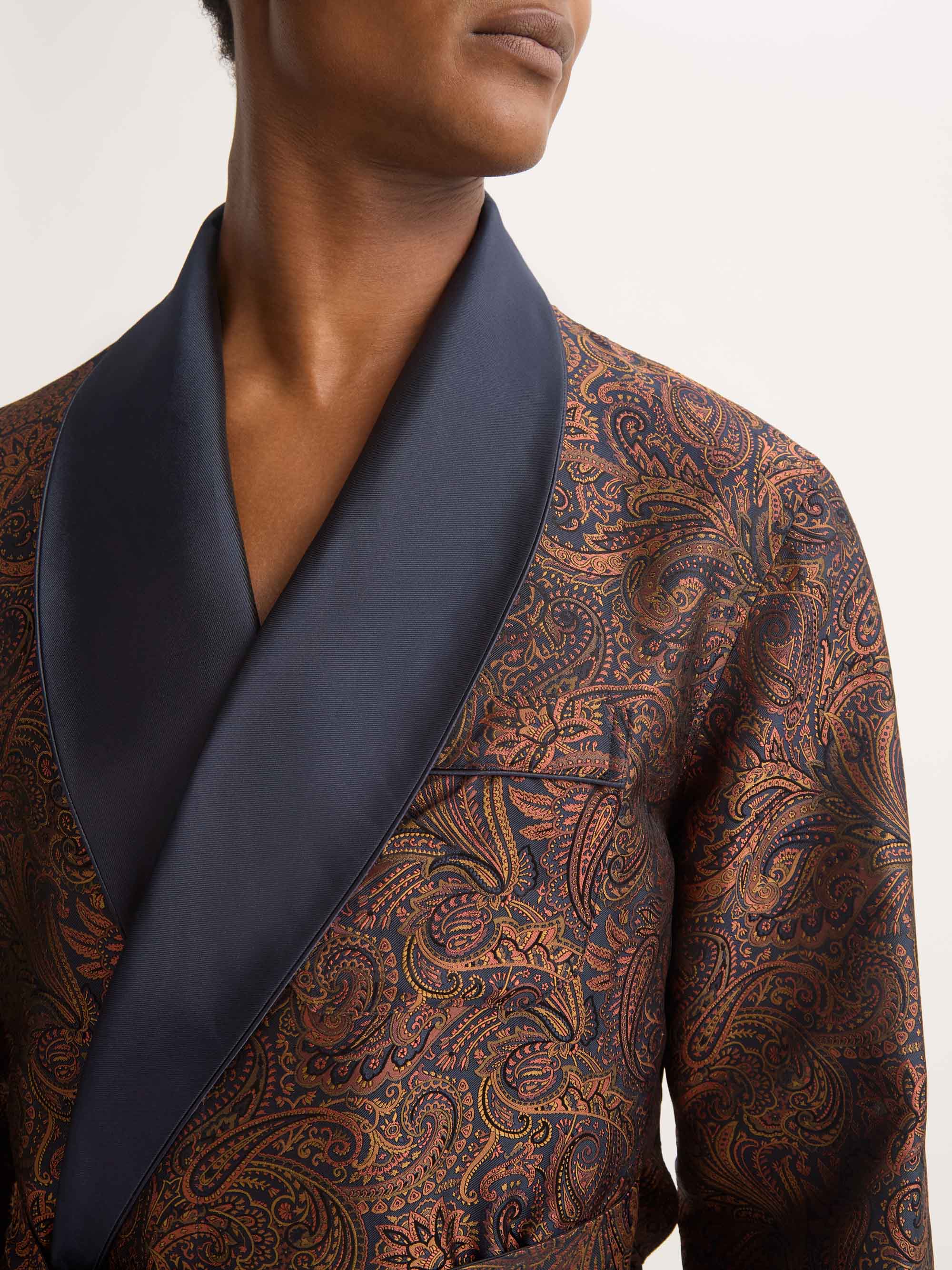 Men's Smoking Jacket Silk Jacquard Navy Blue & Antique Gold Paisley Weave - Image 6