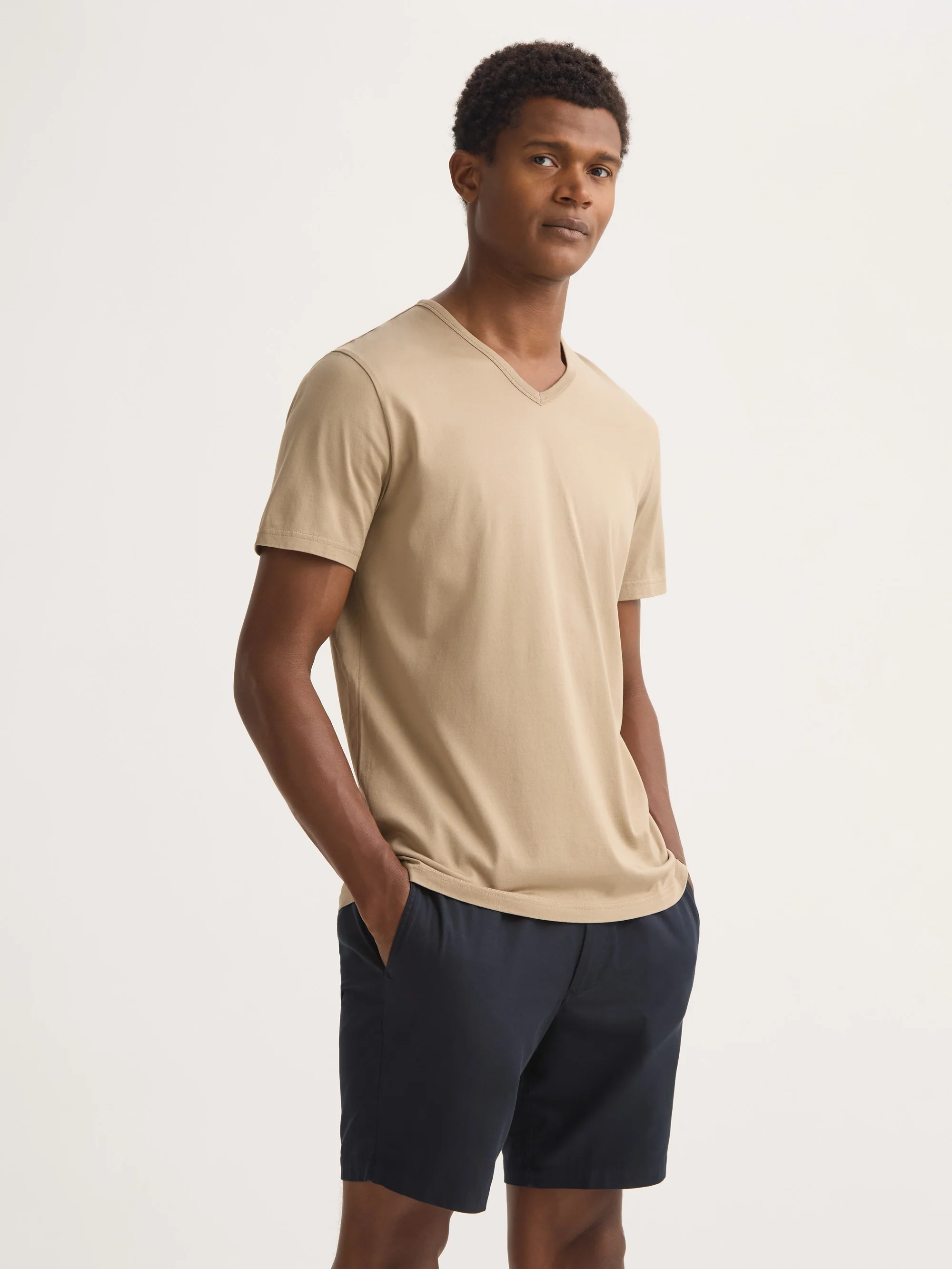 Men's V-Neck T-Shirt Barny Pima Cotton Taupe - Image 4