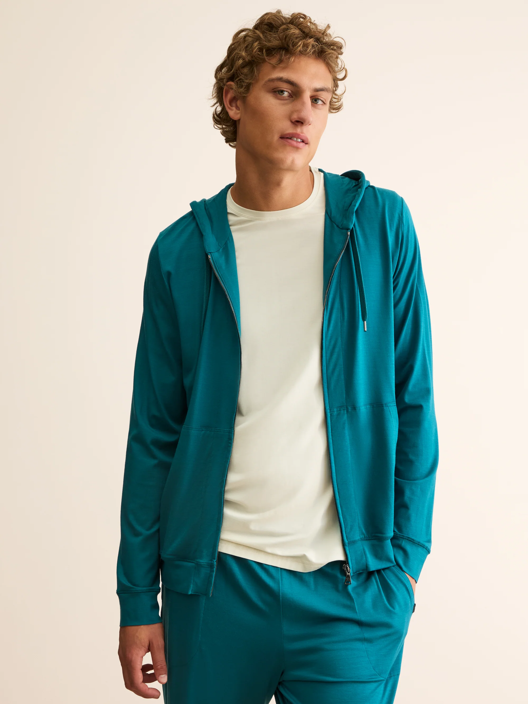 Men's Zip Up Hoodie Basel Micro Modal Stretch Teal - Image 2