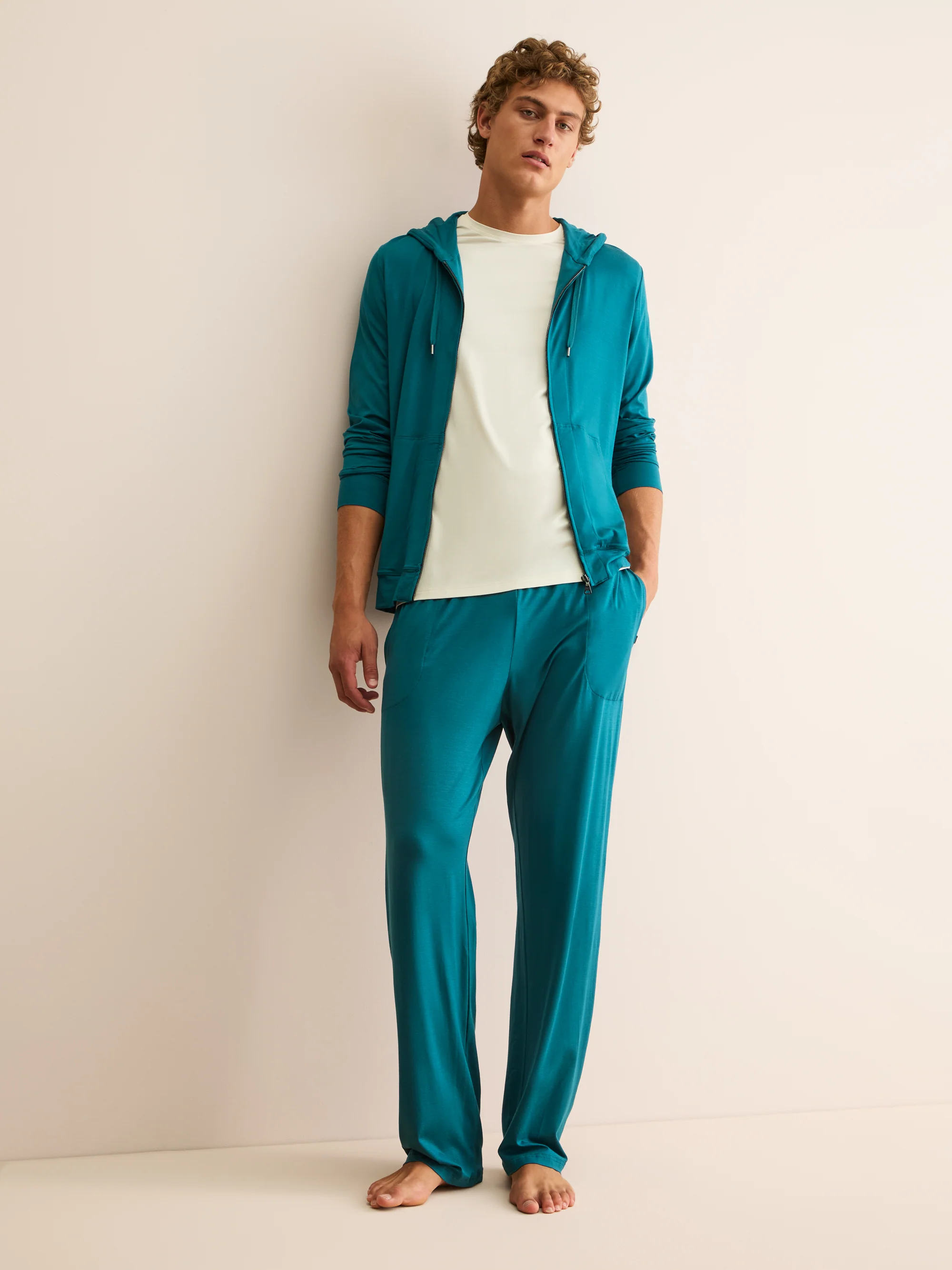 Men's Zip Up Hoodie Basel Micro Modal Stretch Teal - Image 4