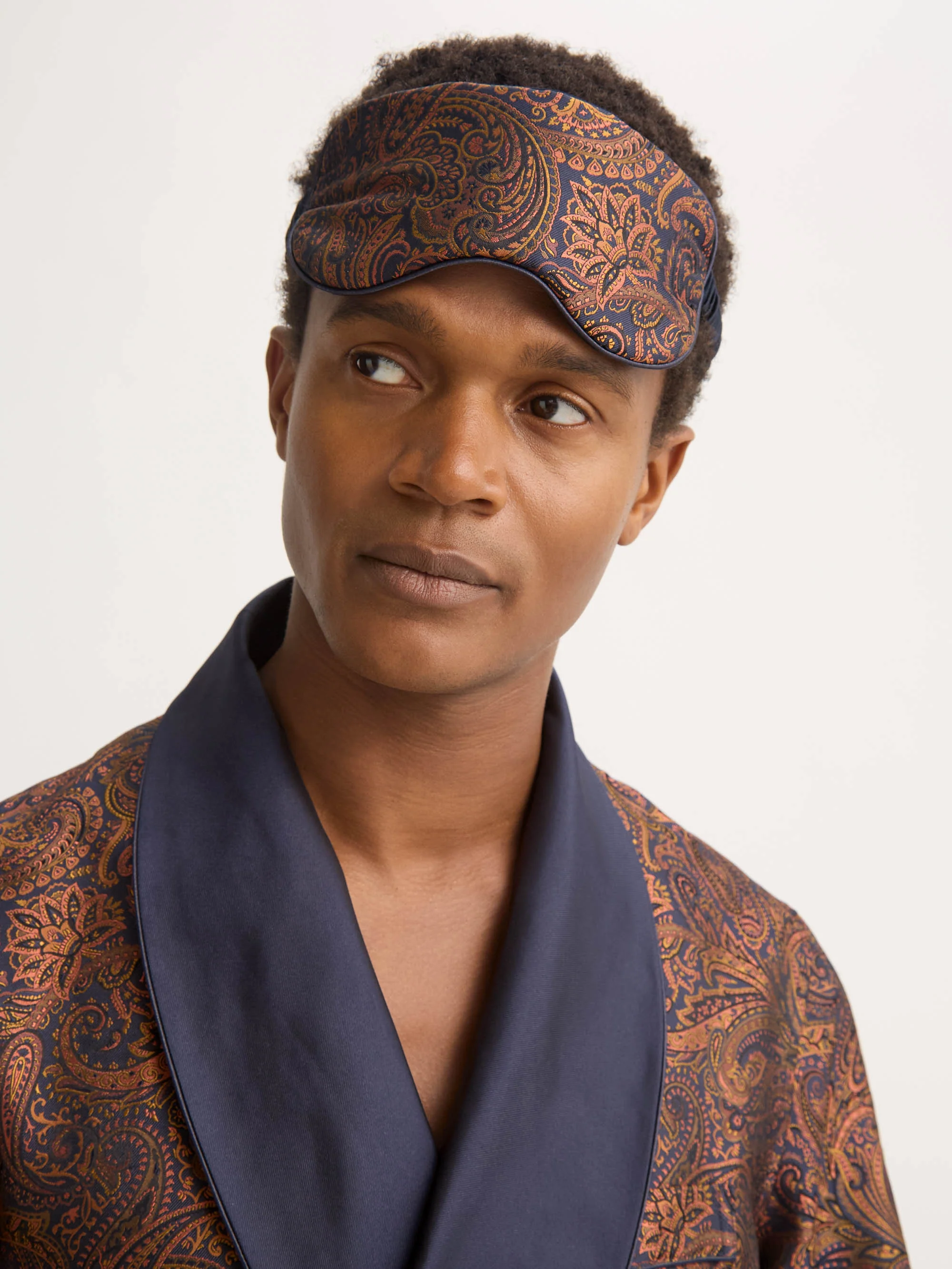 Silk Eye Mask Jacquard Navy Blue & Antique Gold Paisley Weave - Image 3