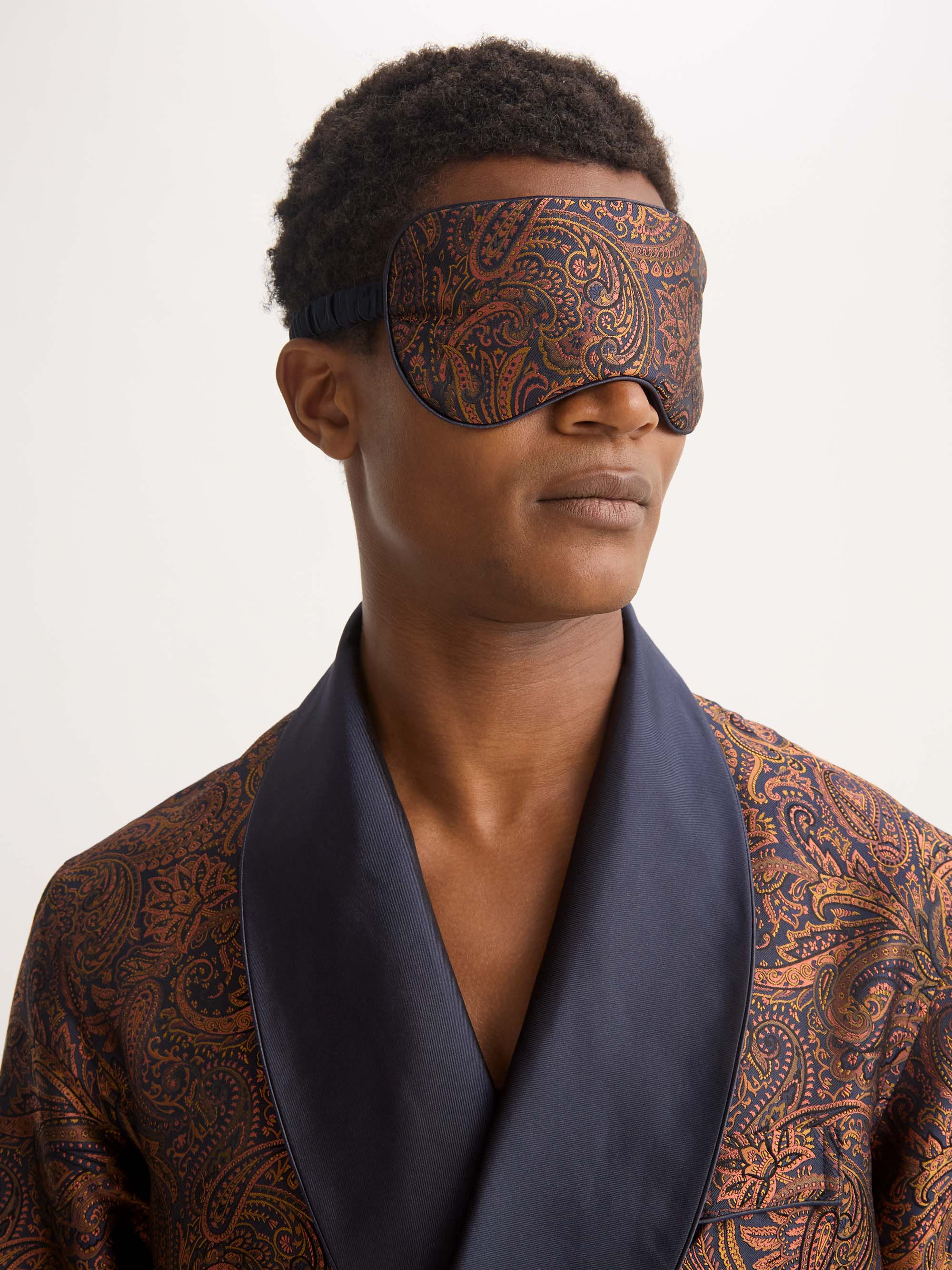 Silk Eye Mask Jacquard Navy Blue & Antique Gold Paisley Weave - Image 4