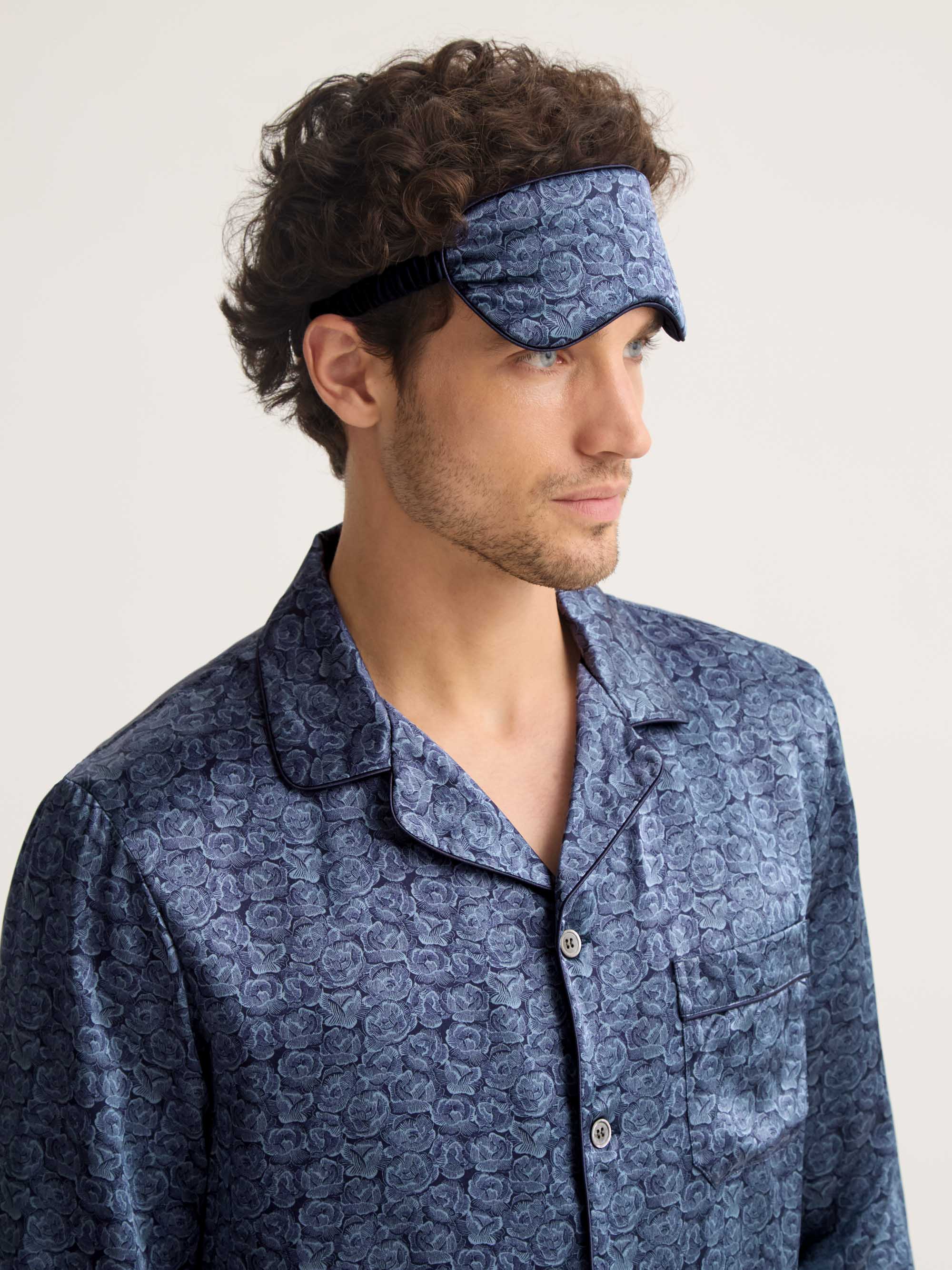 Silk Eye Mask Navy Blue Rose Print - Image 4