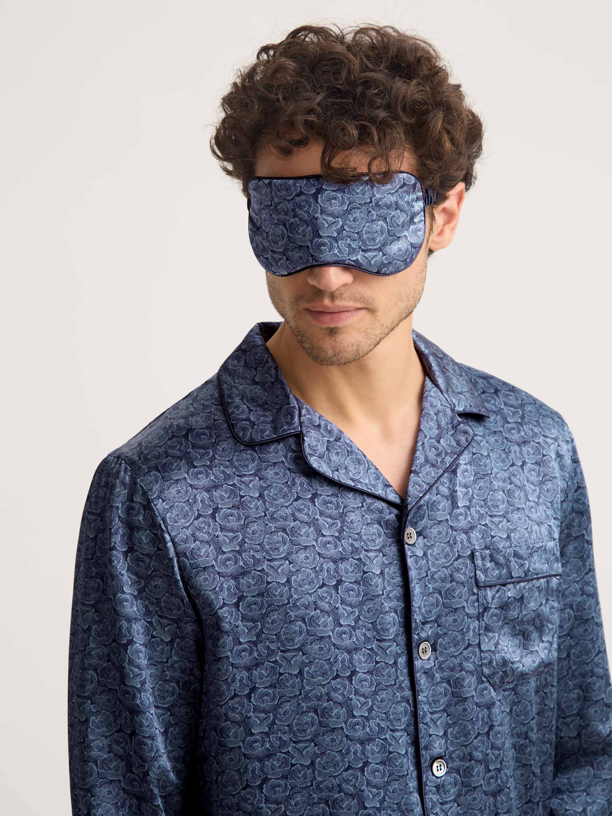 Silk Eye Mask Navy Blue Rose Print - Image 5