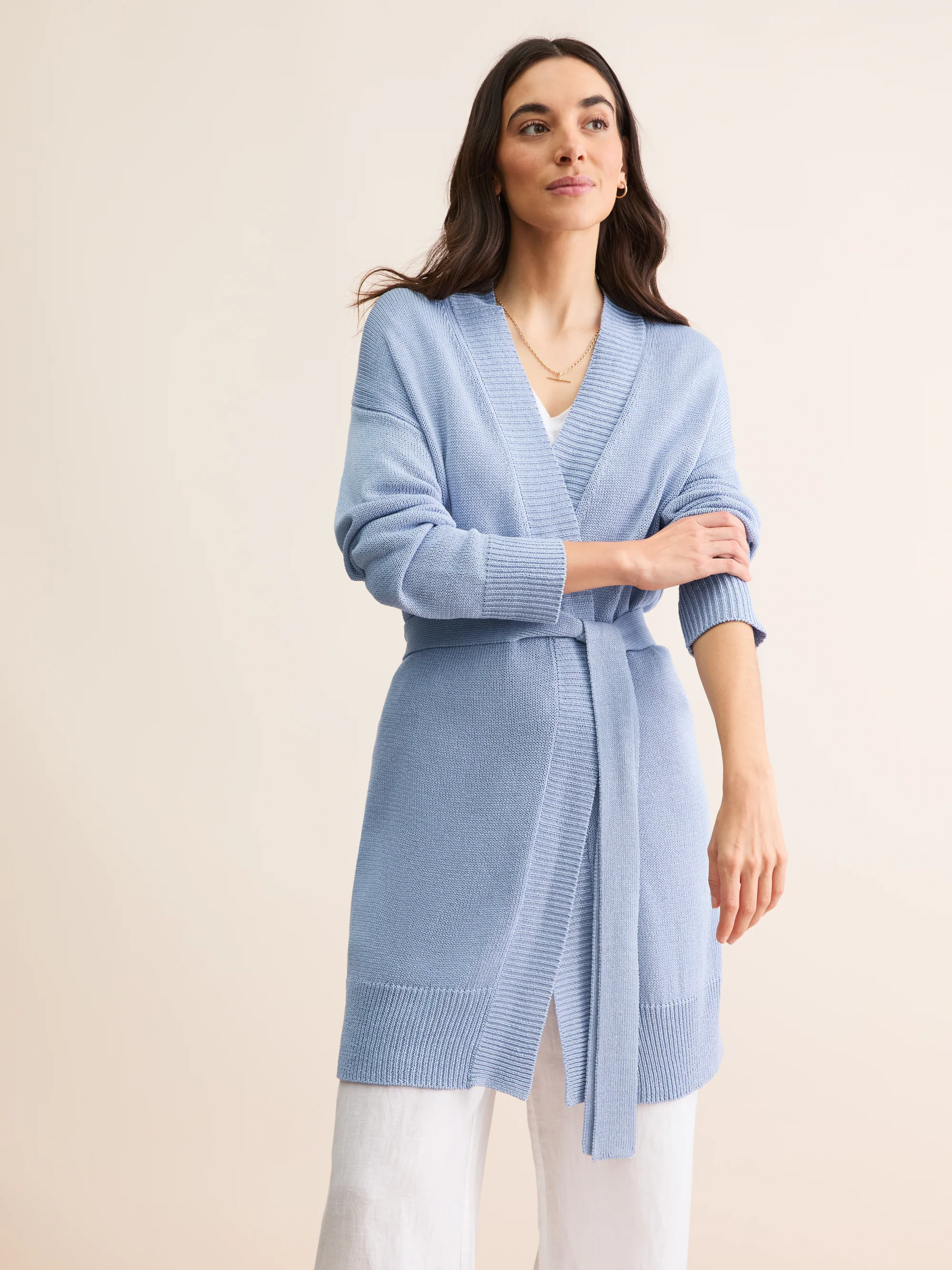 Women's Belted Cardigan Delphine Silk Linen Lavender Blue - Image 2
