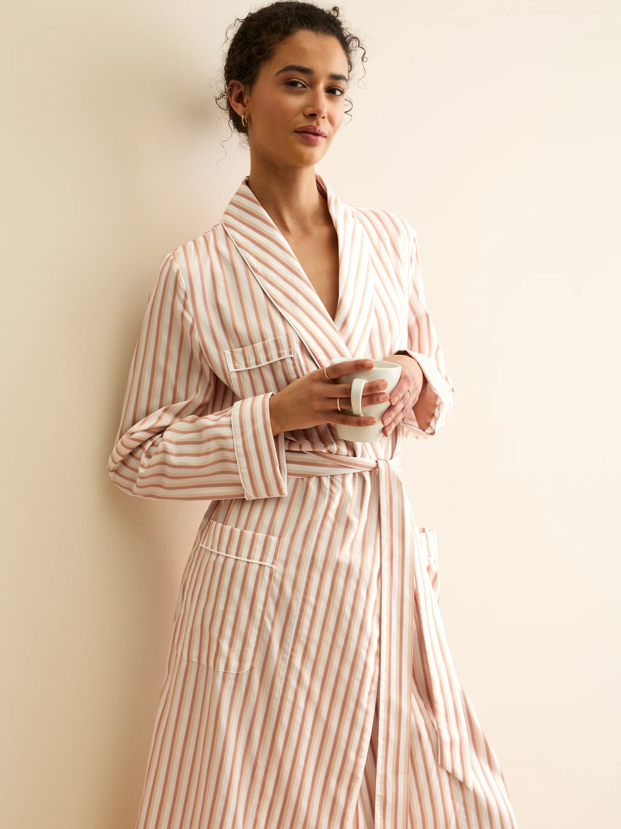 Women's Dressing Gown Capri Cotton Batiste Fawn Stripe - Image 6