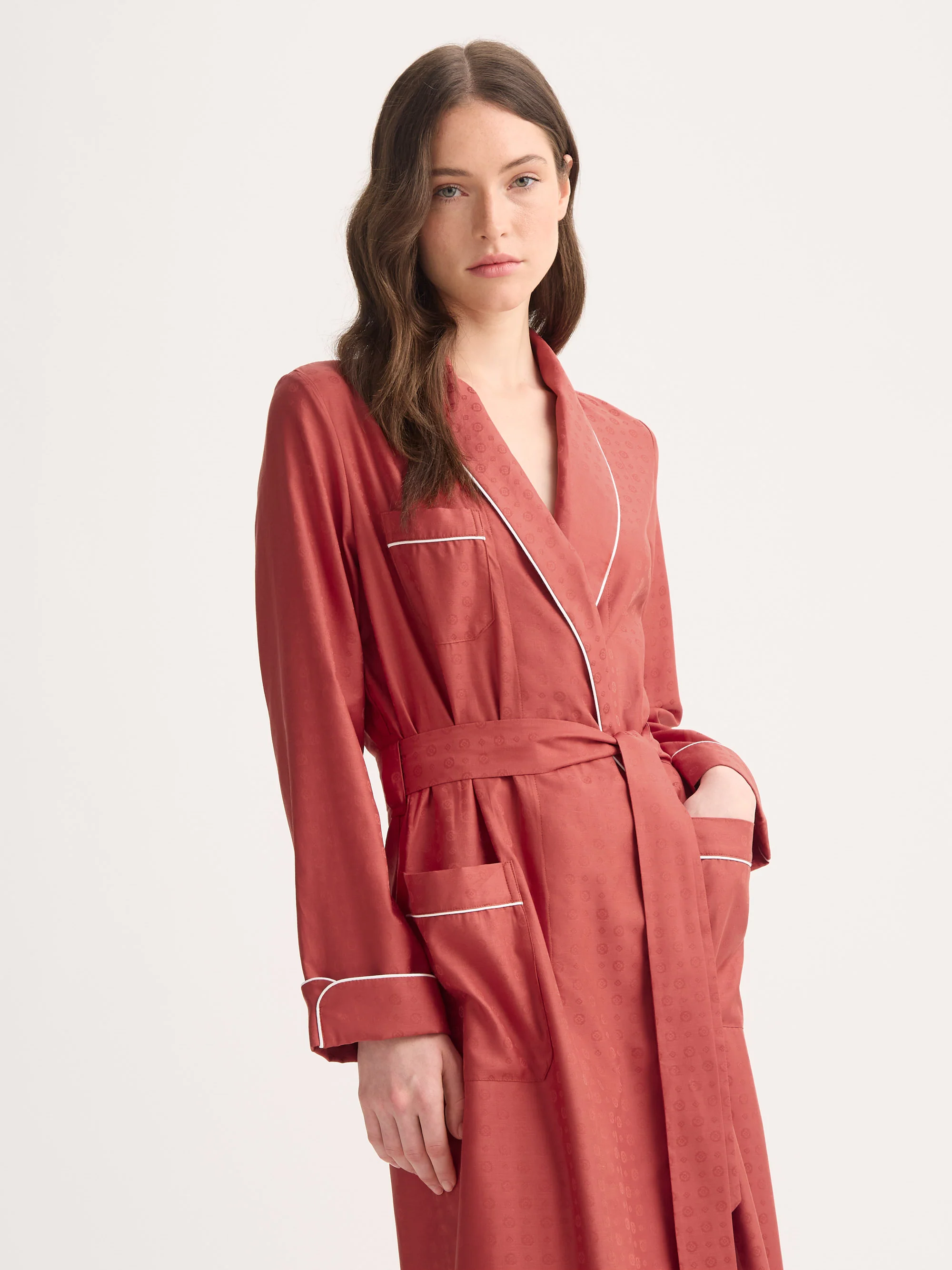 Women's Dressing Gown Cotton Jacquard Red Rose Motif - Image 3