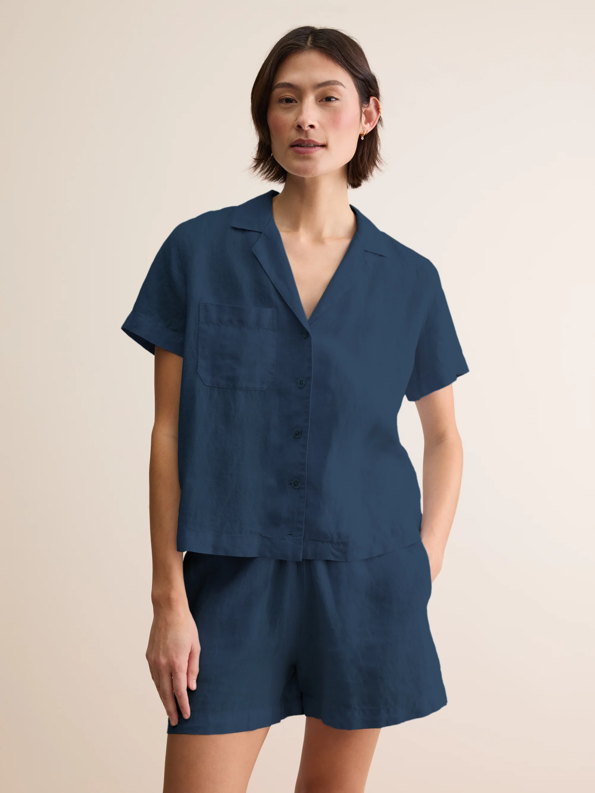 Women's Linen Short Pyjamas Sicily Navy - Image 3