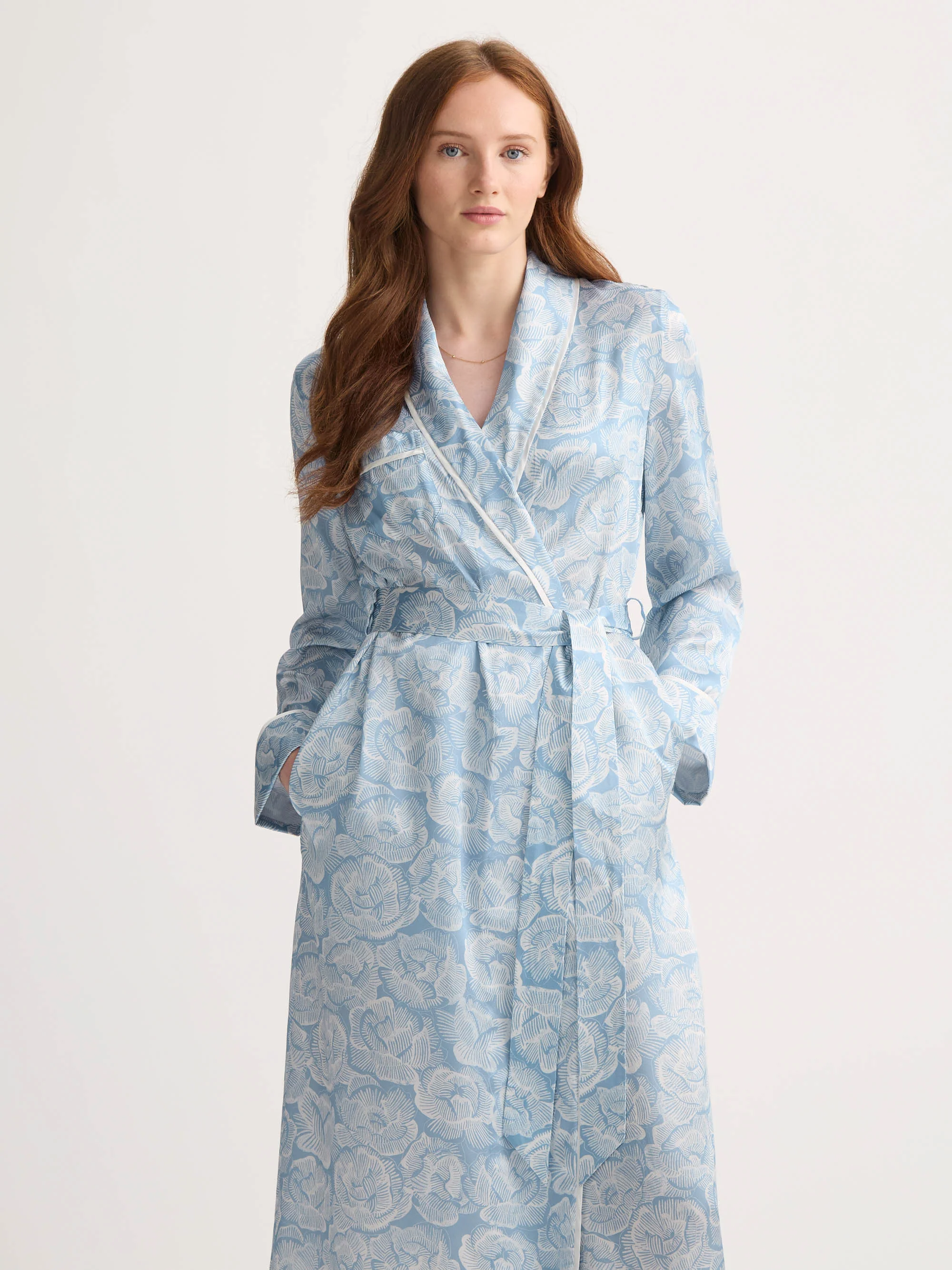 Women's Long Silk Dressing Gown Light Blue & White Rose Print - Image 3