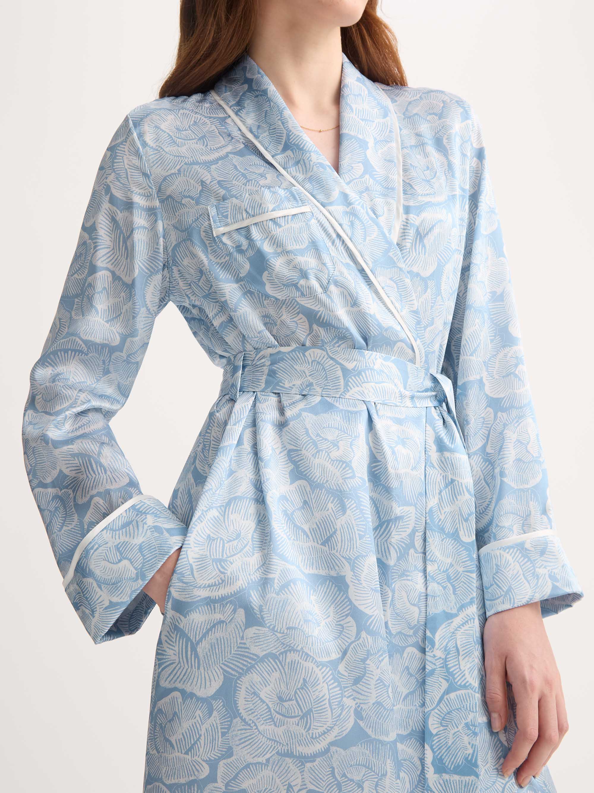Women's Long Silk Dressing Gown Light Blue & White Rose Print - Image 4