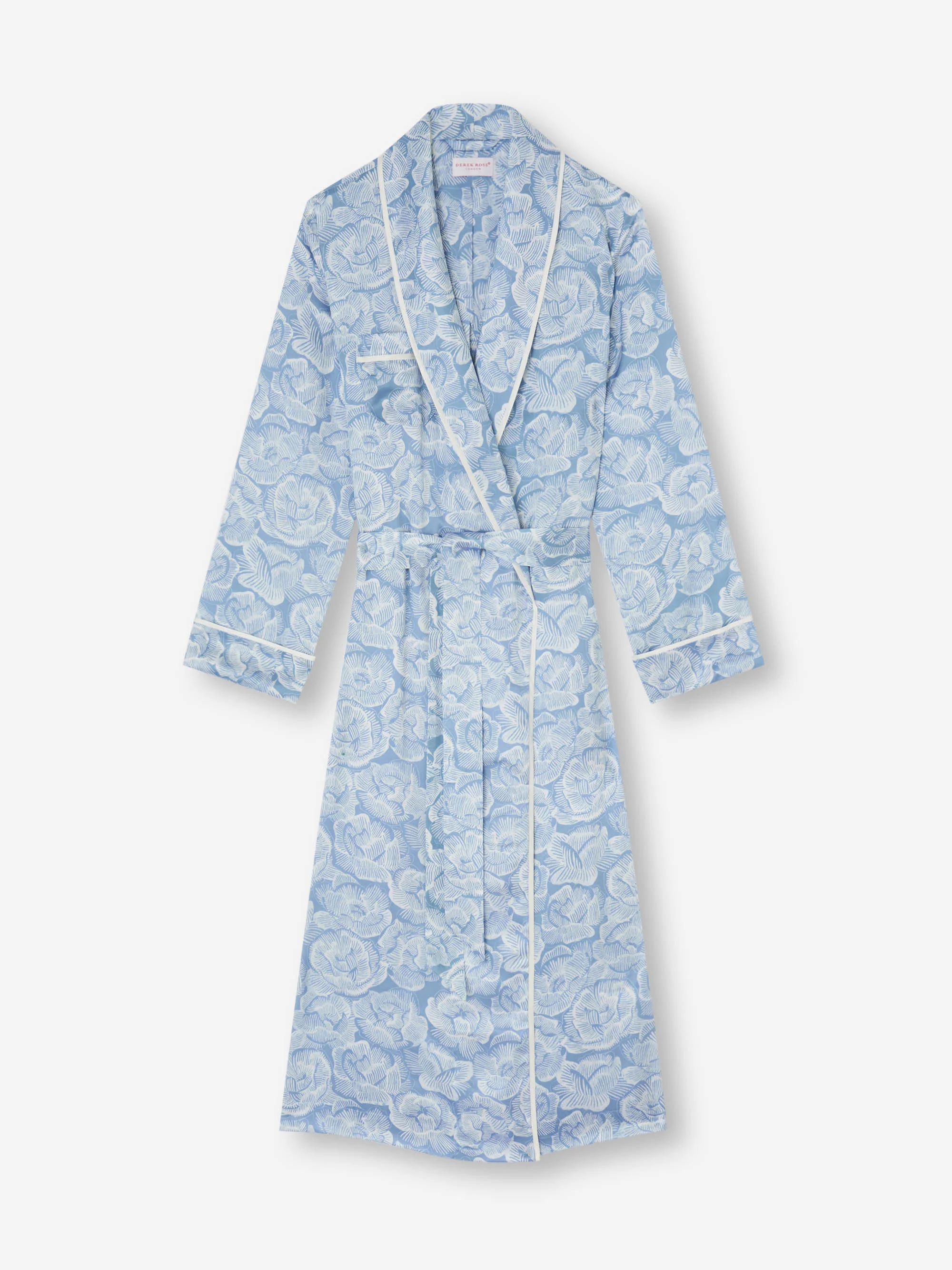 Women's Long Silk Dressing Gown Light Blue & White Rose Print - Image 5