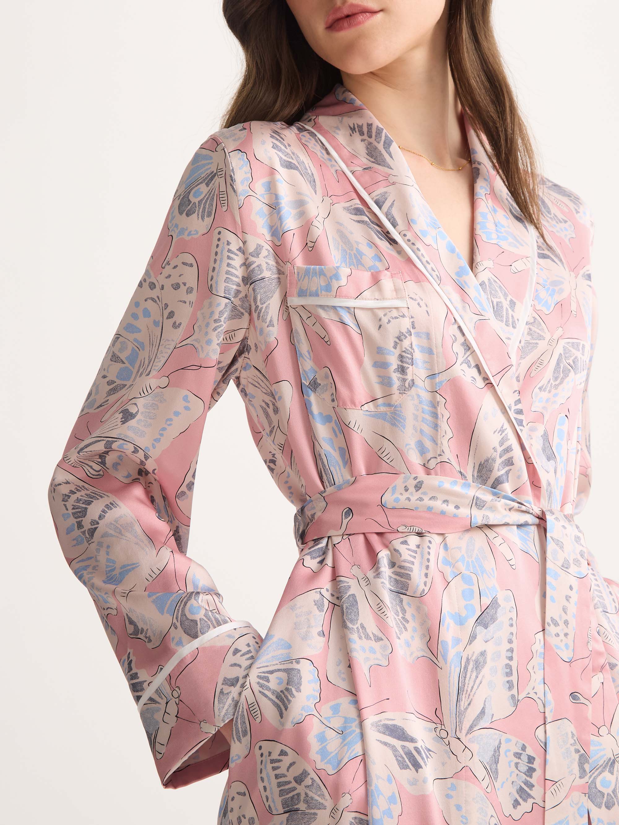 Women's Long Dressing Gown Silk Pink Multicolour Butterfly - Image 5