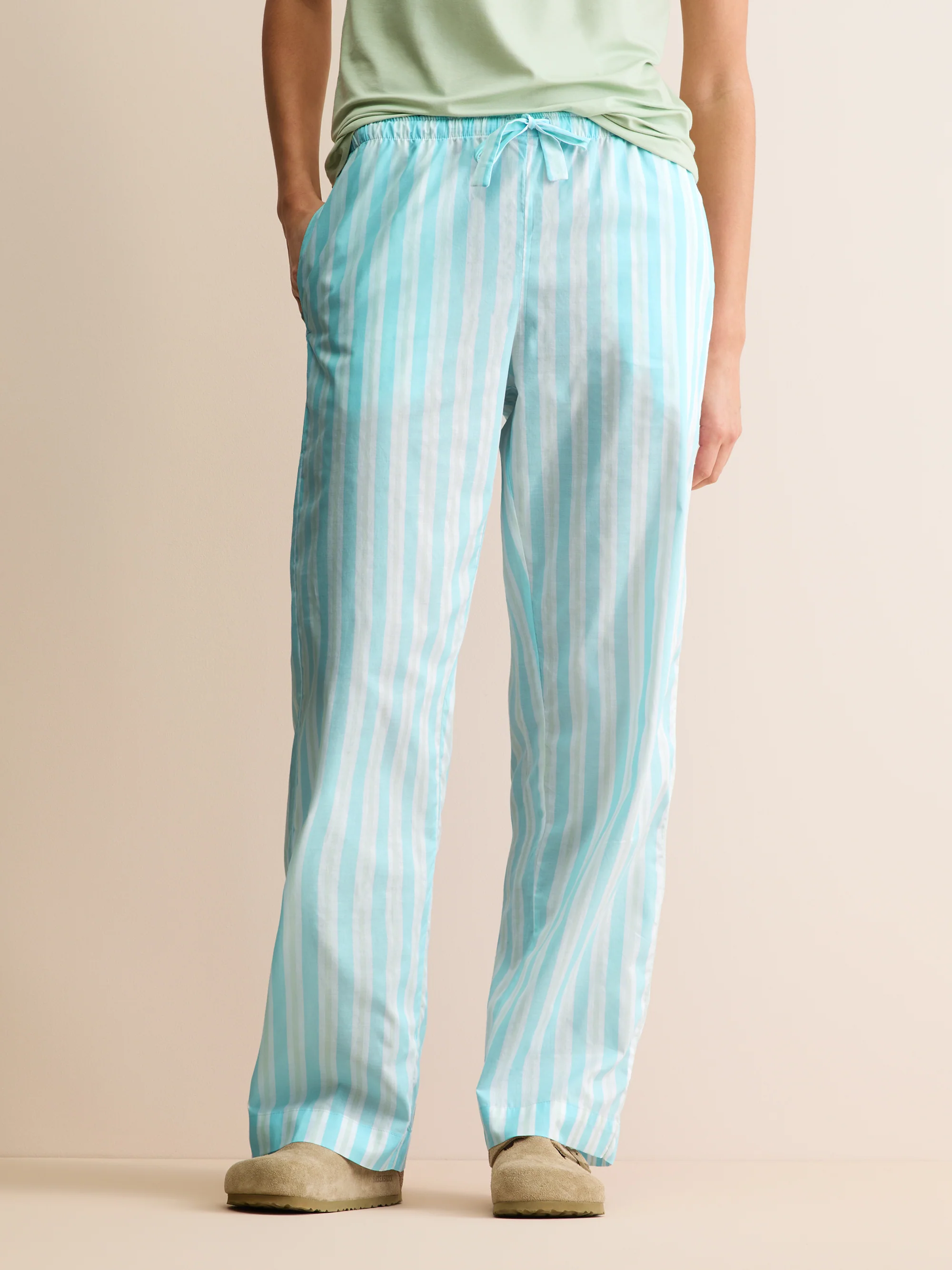 Women's Lounge Trousers Amalfi Cotton Batiste Aqua Blue Stripe - Image 2