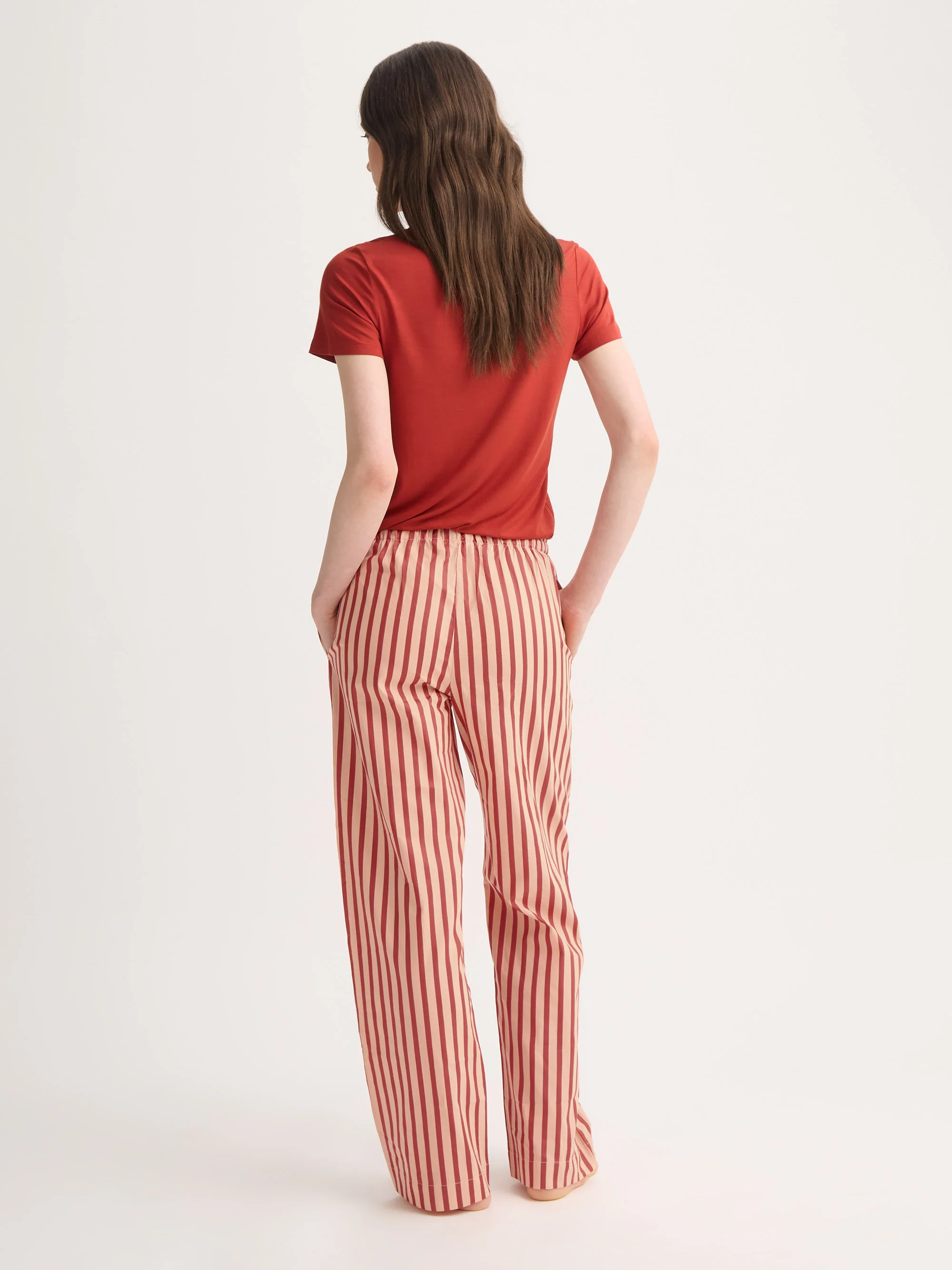 Women's Lounge Trousers Capri Cotton Batiste Red & Peach Stripe - Image 2