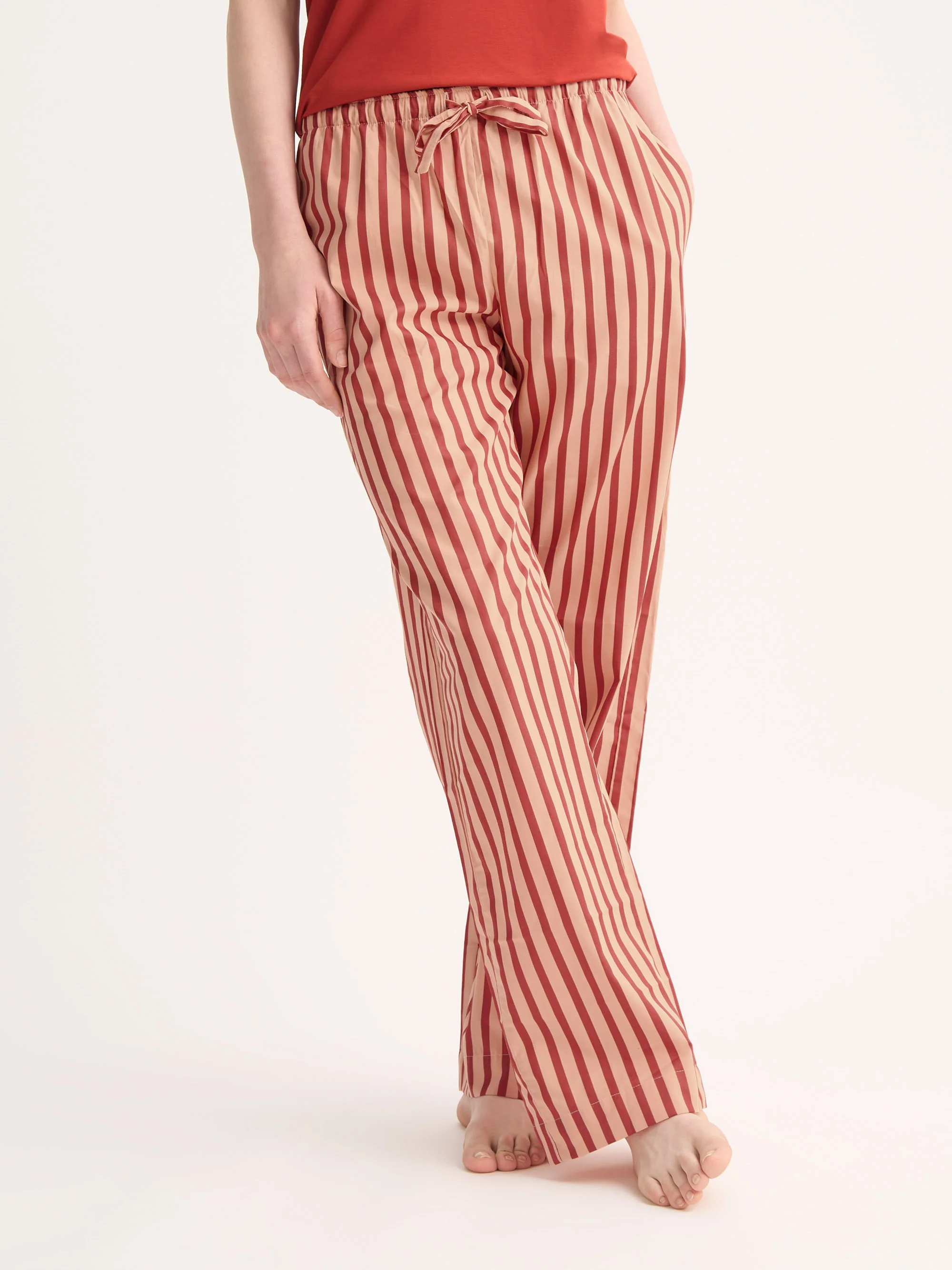 Women's Lounge Trousers Capri Cotton Batiste Red & Peach Stripe - Image 3