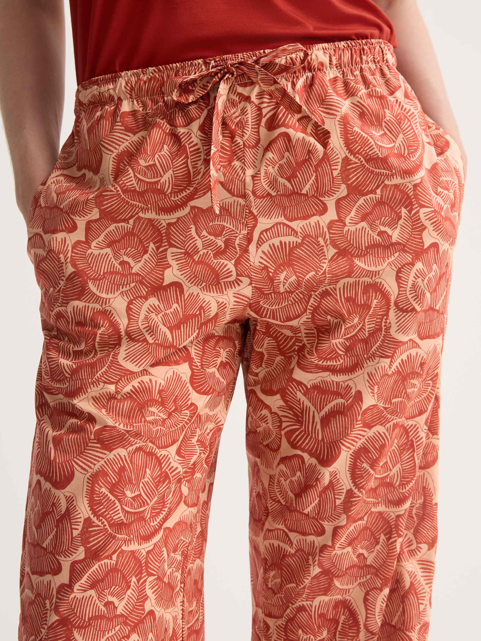 Women's Lounge Trousers Cotton Batiste Rustic Red & Peach Rose Print - Image 4