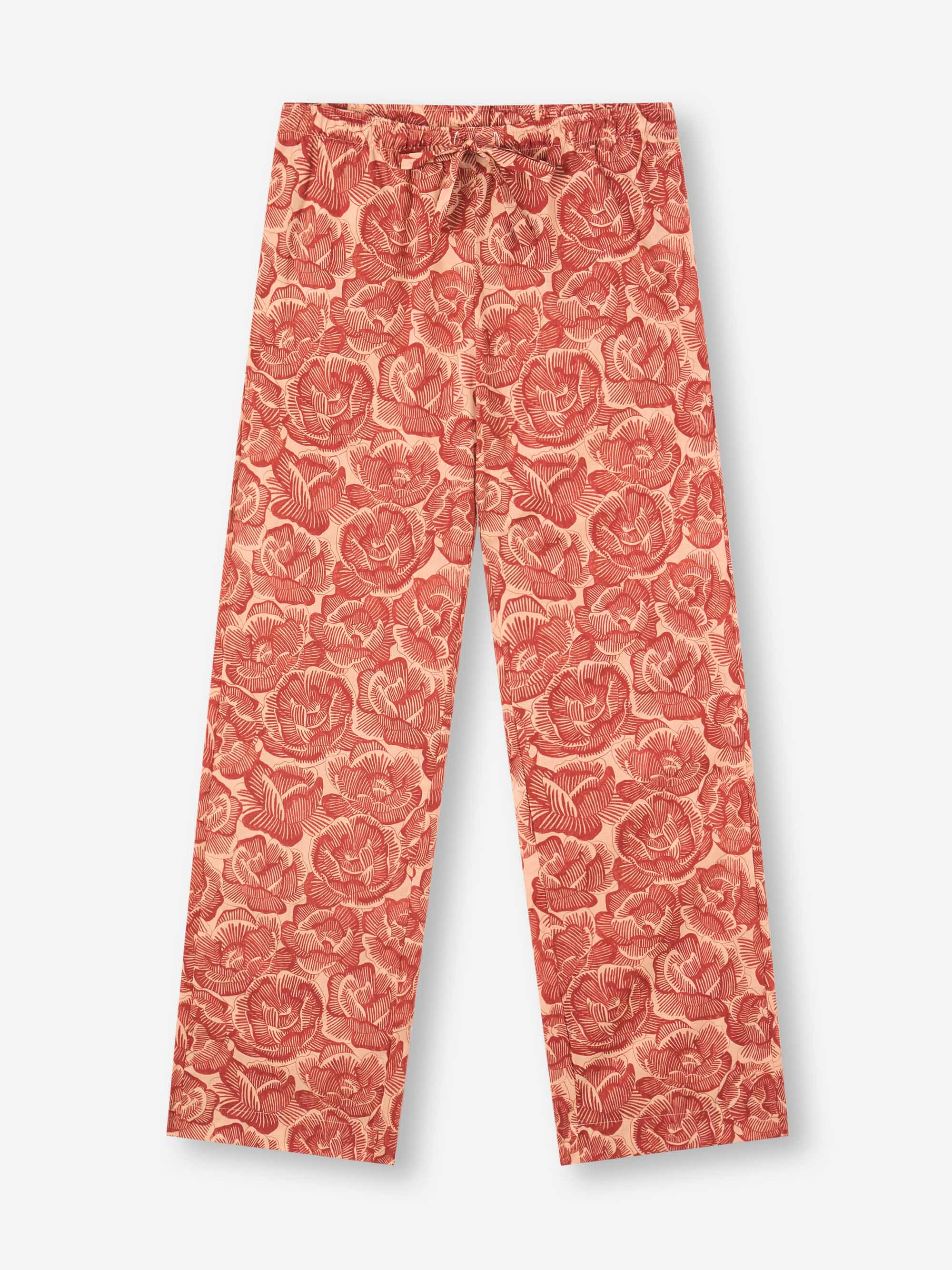 Women's Lounge Trousers Cotton Batiste Rustic Red & Peach Rose Print - Image 5
