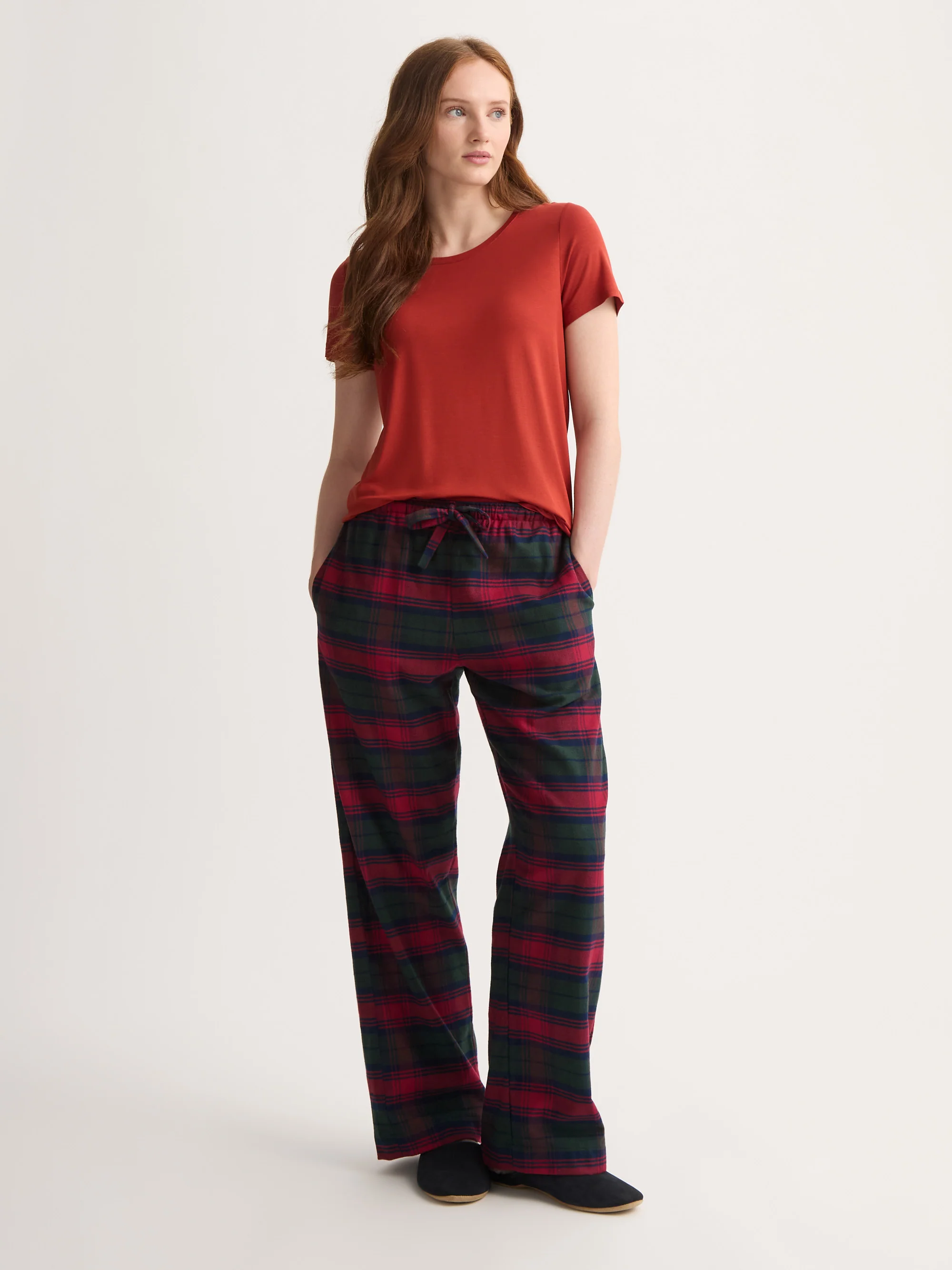 Women's Lounge Trousers Kelburn Brushed Cotton Burgundy Red & Green Check - Image 2