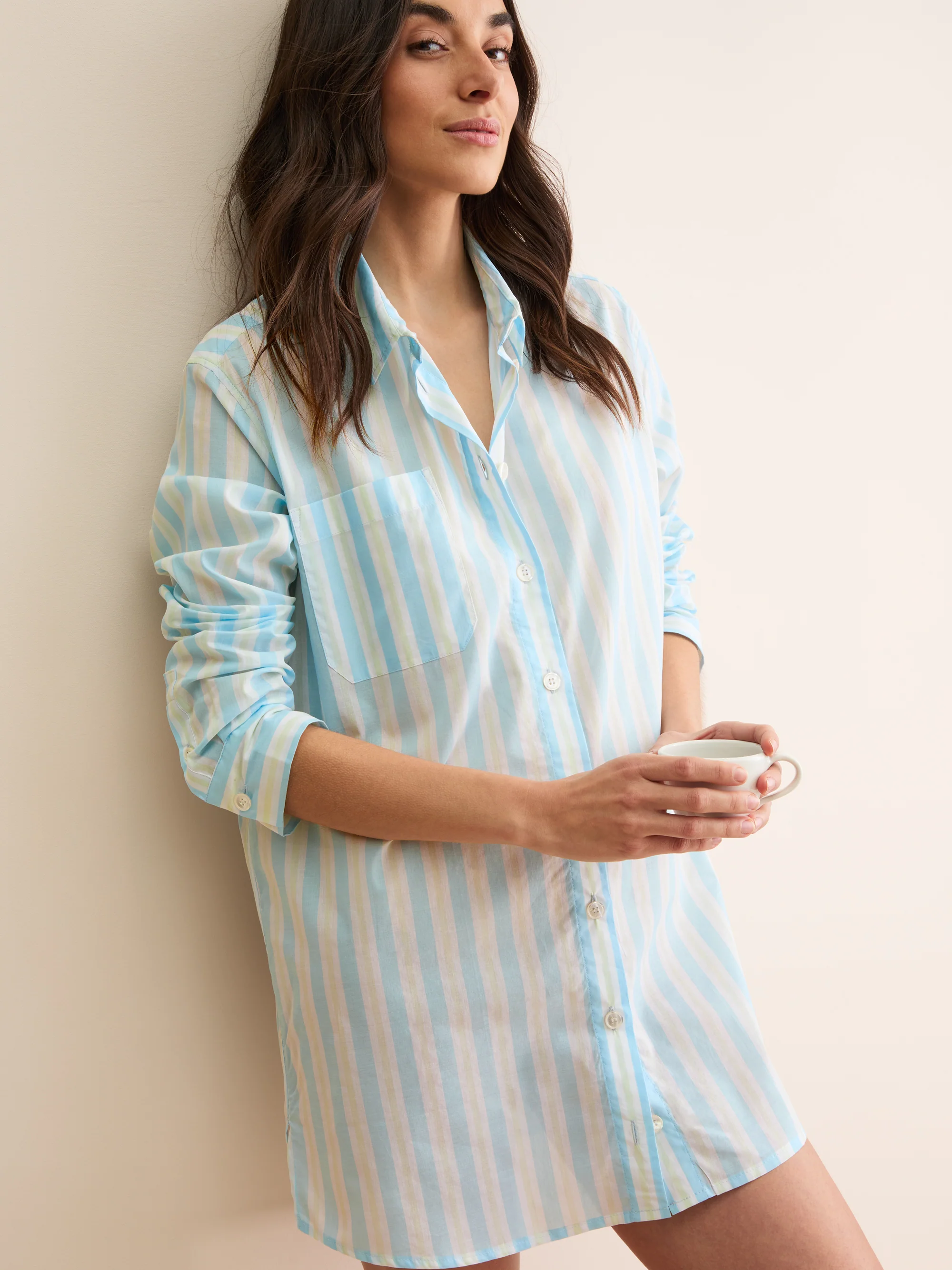 Women's Nightshirt Amalfi Cotton Batiste Aqua Blue Stripe - Image 7