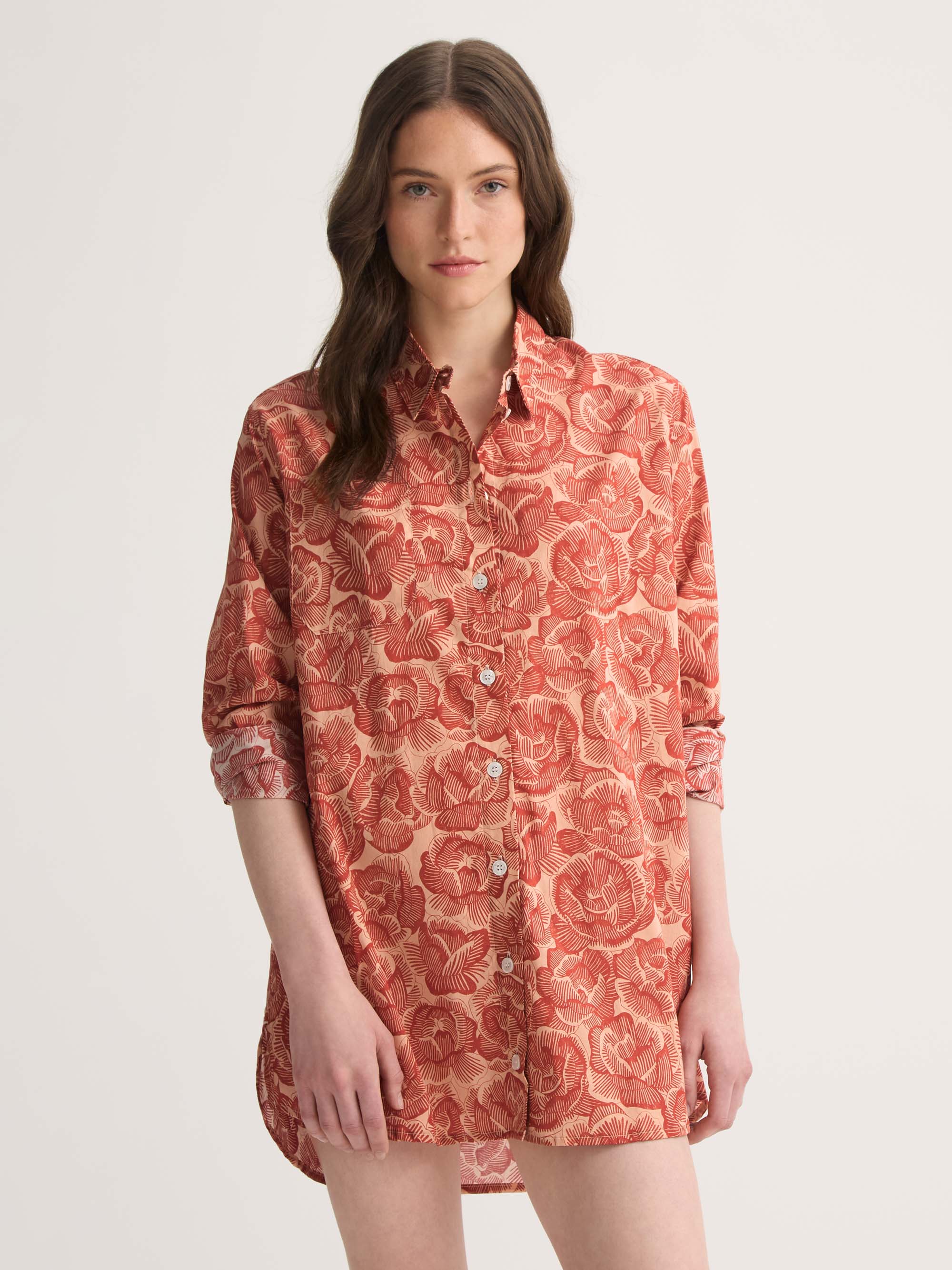Women's Nightshirt Cotton Batiste Rustic Red & Peach Rose Print - Image 3