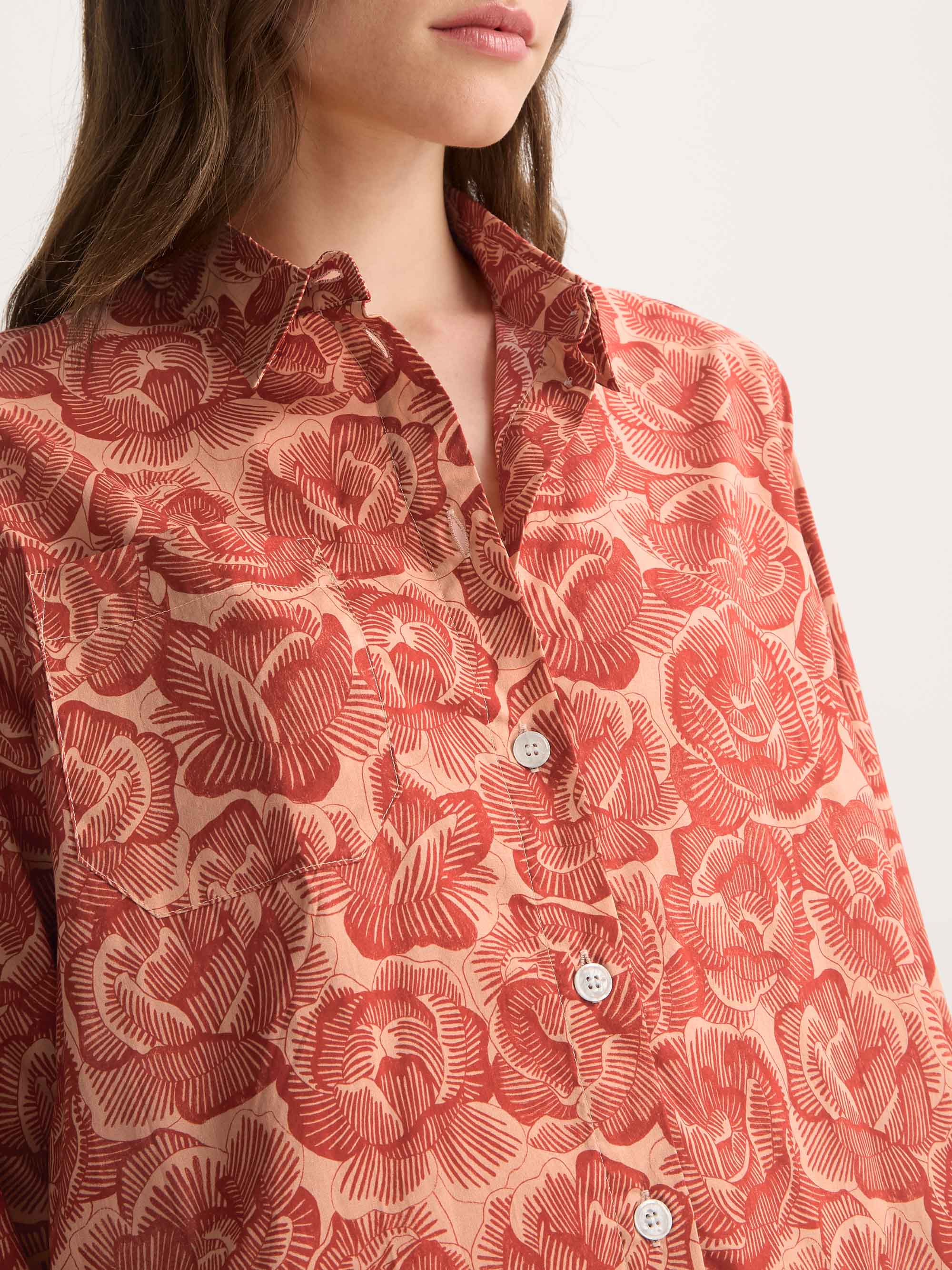 Women's Nightshirt Cotton Batiste Rustic Red & Peach Rose Print - Image 4