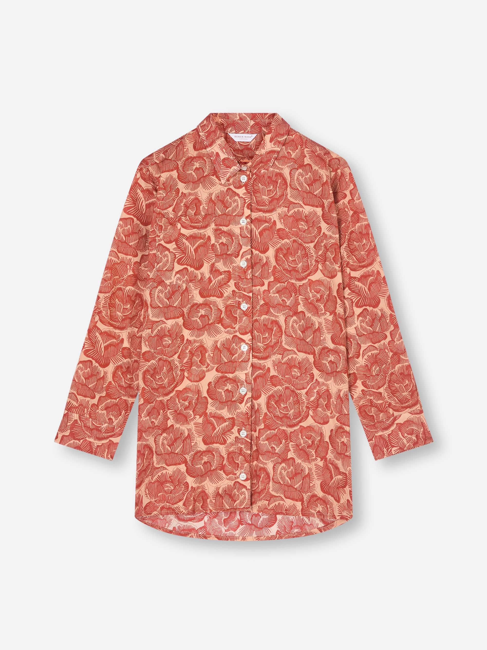 Women's Nightshirt Cotton Batiste Rustic Red & Peach Rose Print - Image 6