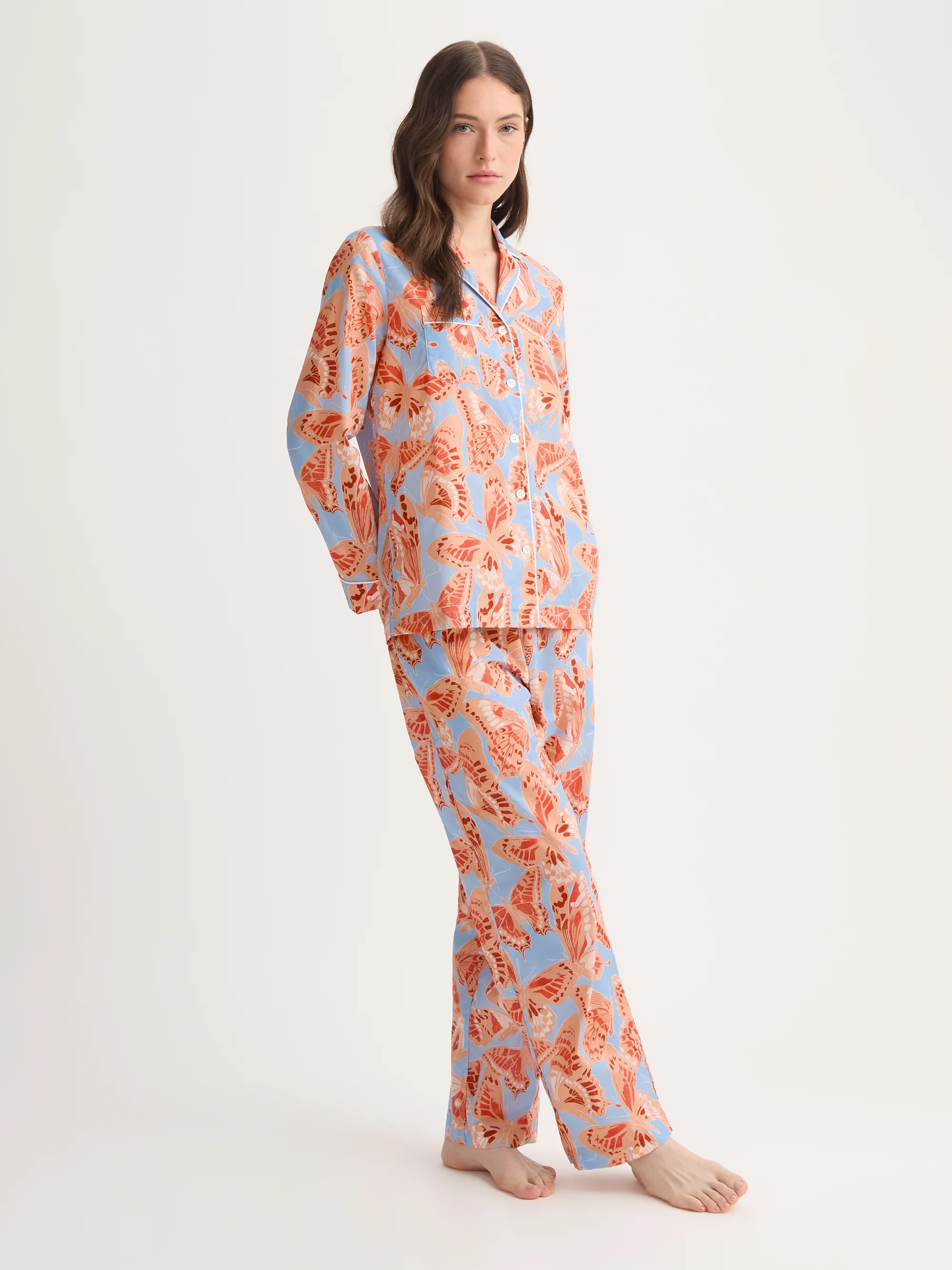 Women's Pyjamas Cotton Batiste Light Blue & Peach Butterfly Print