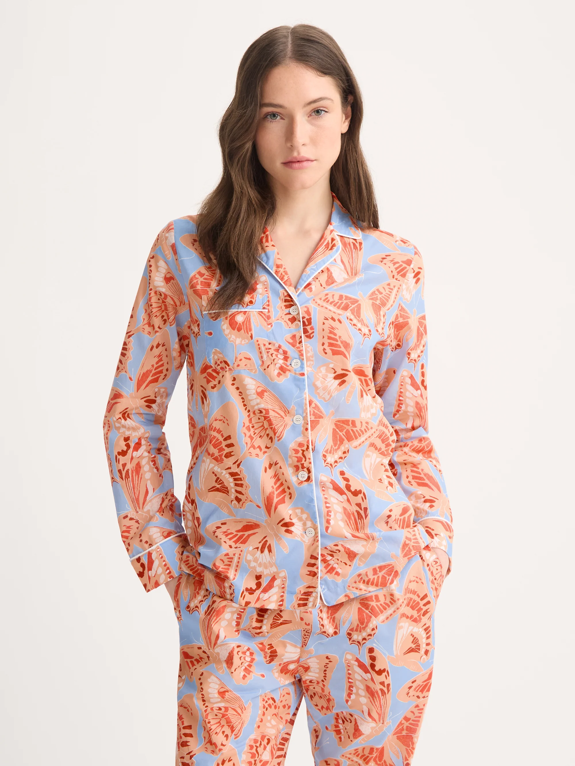 Women's Pyjamas Cotton Batiste Light Blue & Peach Butterfly Print - Image 2
