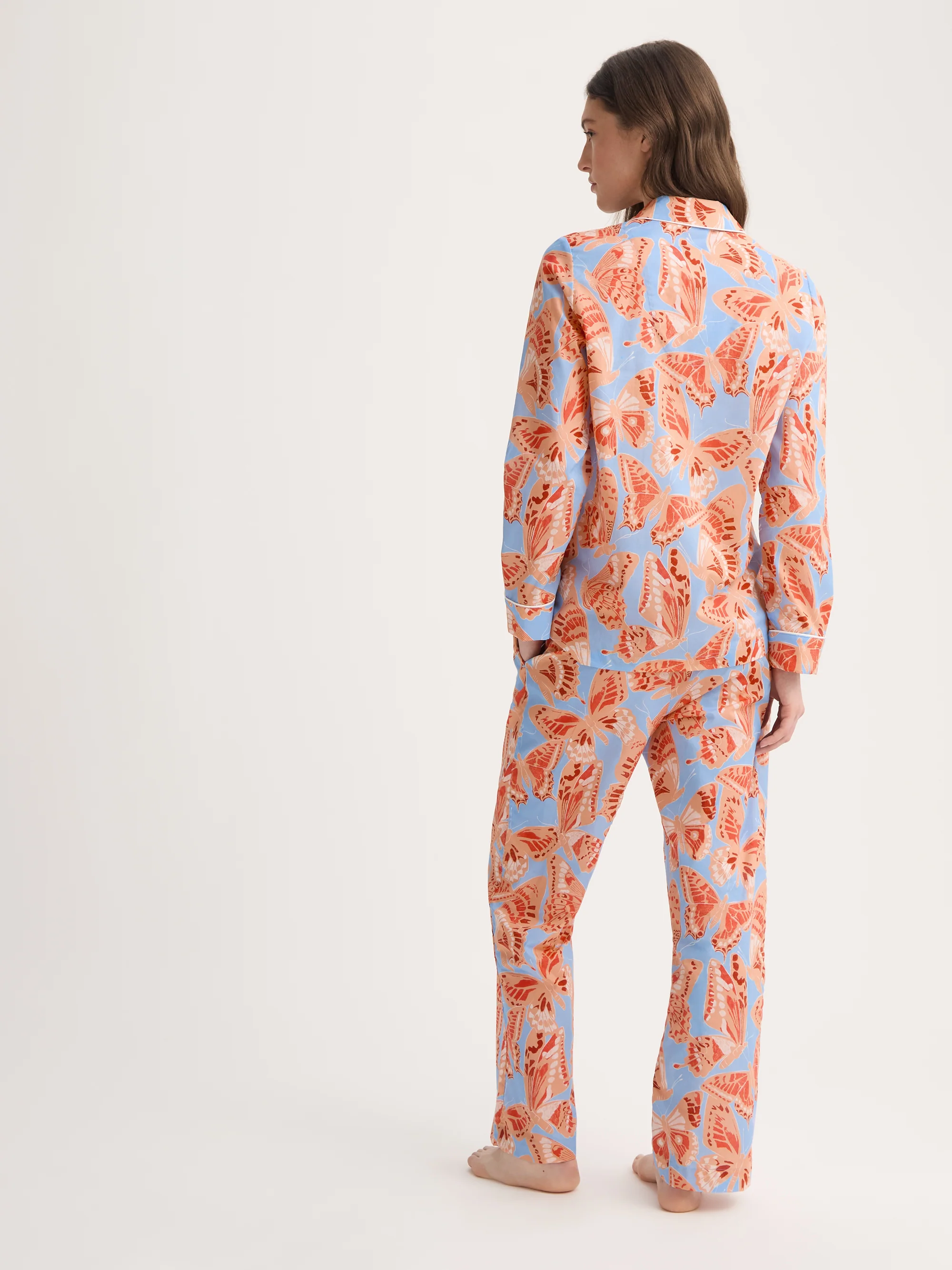 Women's Pyjamas Cotton Batiste Light Blue & Peach Butterfly Print - Image 3