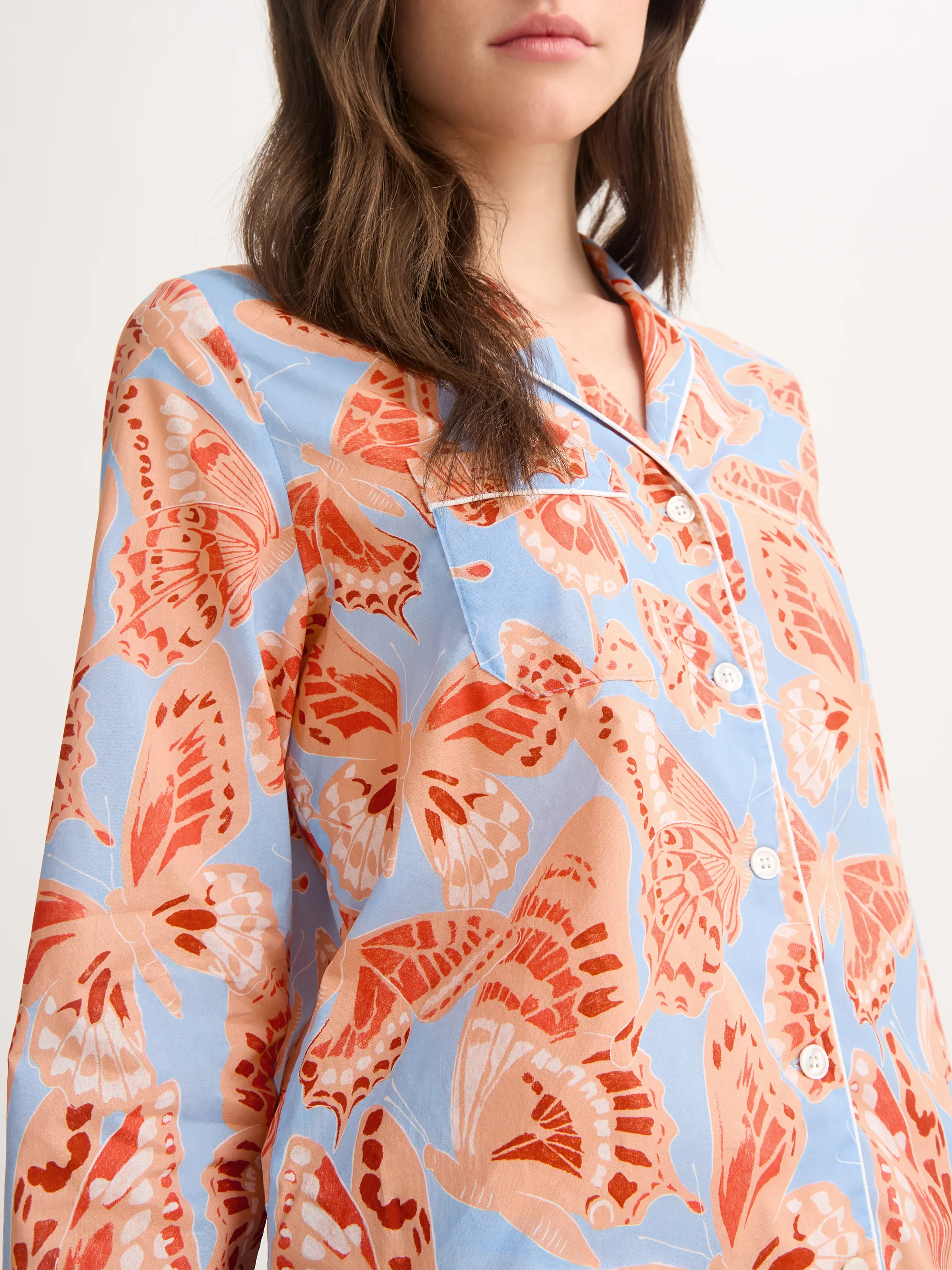 Women's Pyjamas Cotton Batiste Light Blue & Peach Butterfly Print - Image 4