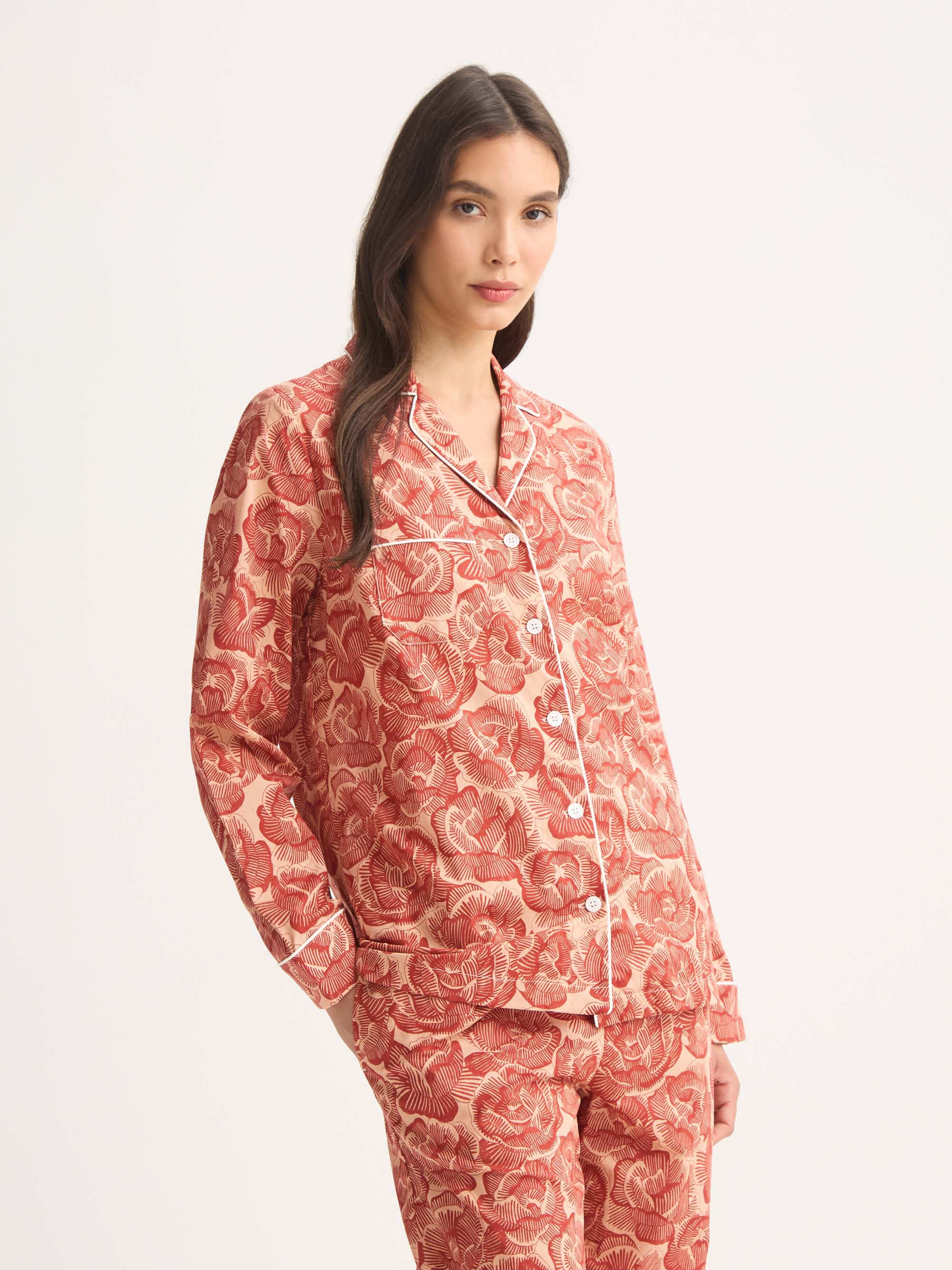 Women's Pyjamas Cotton Batiste Rustic Red Rose Print - Image 3