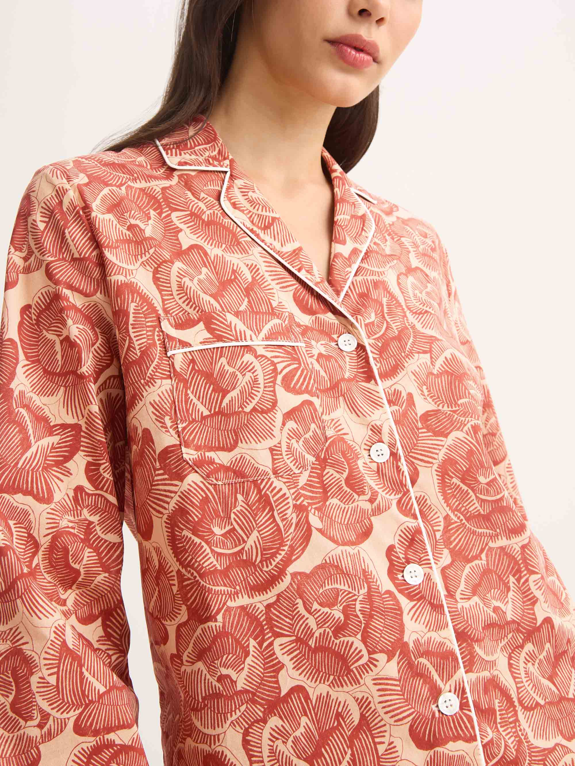 Women's Pyjamas Cotton Batiste Rustic Red Rose Print - Image 4