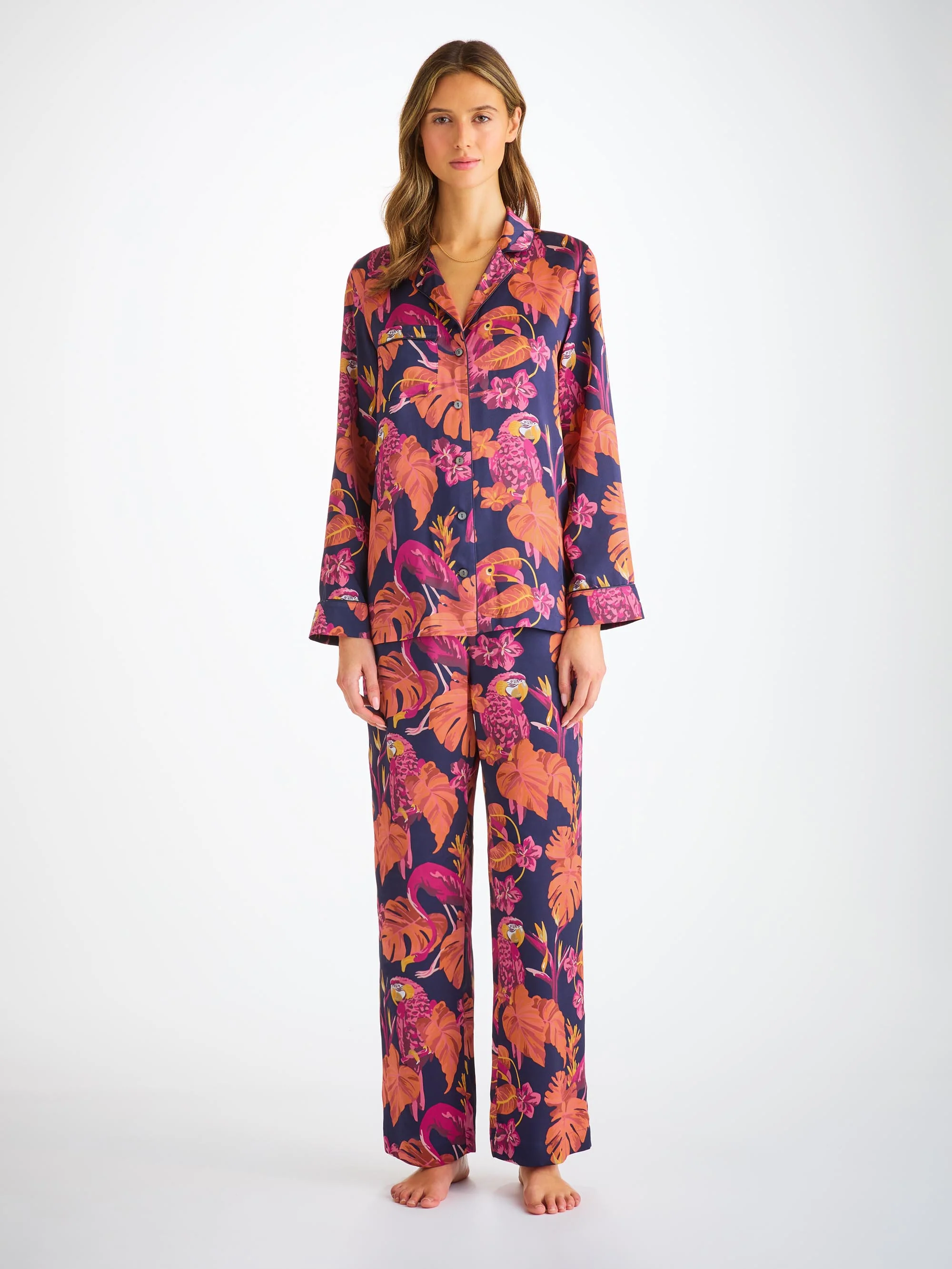 Women's Pyjamas Silk Satin Navy Jungle Birds Pattern