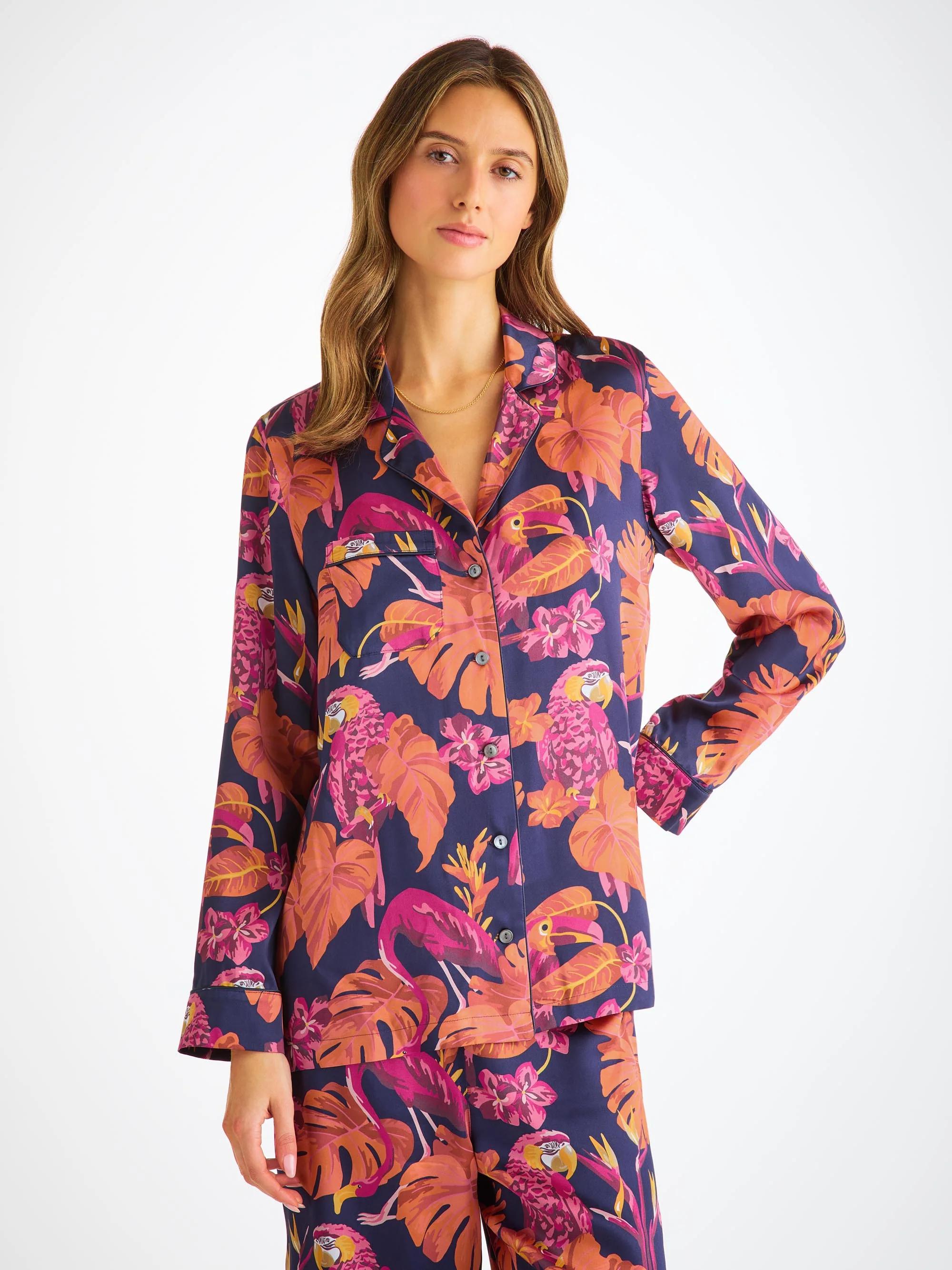 Women's Pyjamas Silk Satin Navy Jungle Birds Pattern - Image 3