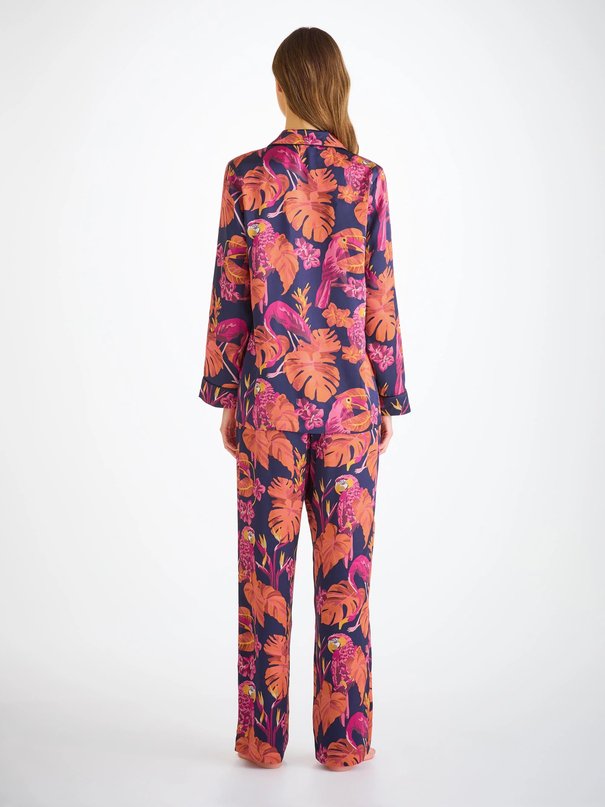 Women's Pyjamas Silk Satin Navy Jungle Birds Pattern - Image 4