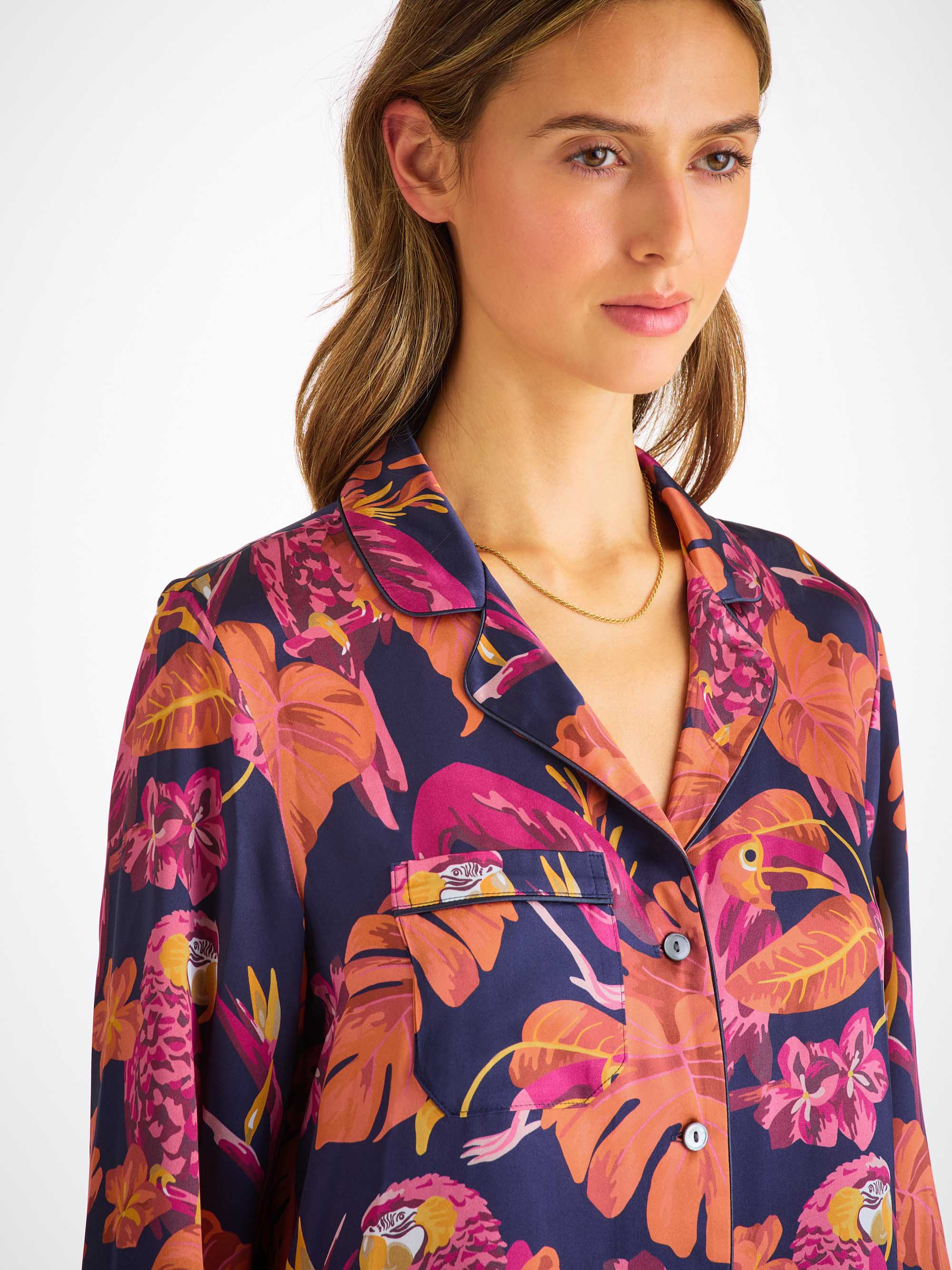 Women's Pyjamas Silk Satin Navy Jungle Birds Pattern - Image 5