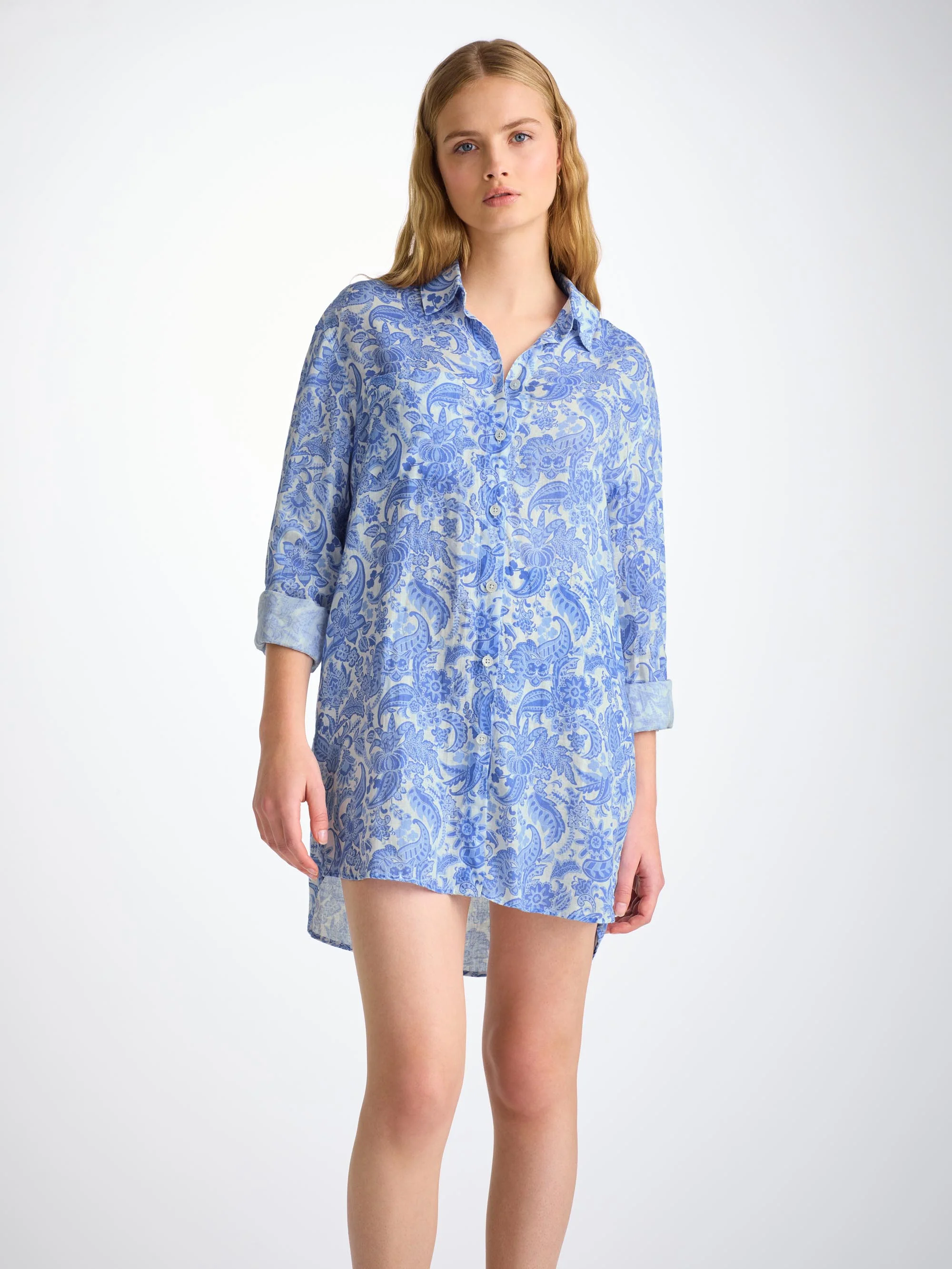 Women's Longline Shirt Linen White Jungle Paisley Print