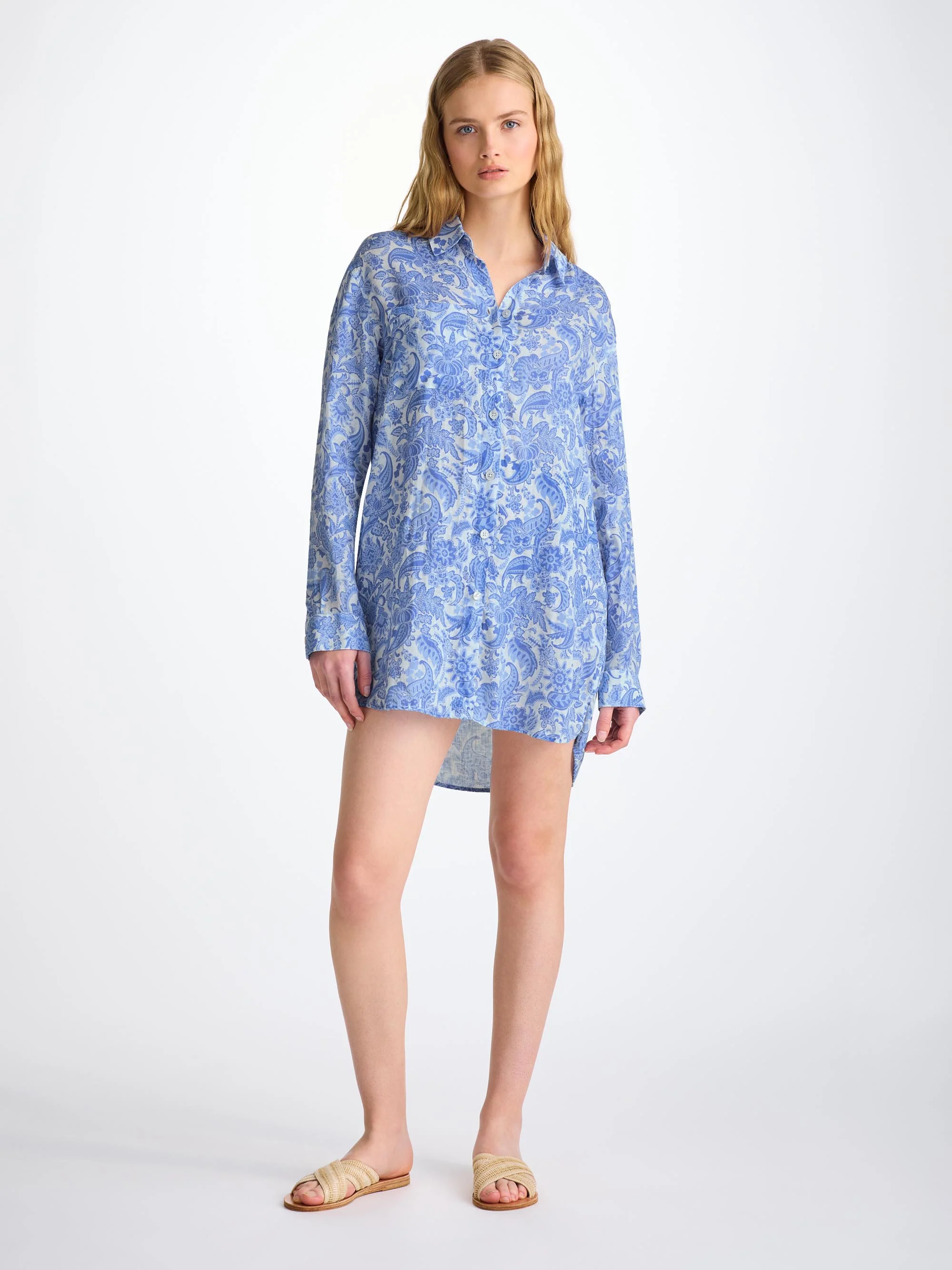 Women's Longline Shirt Linen White Jungle Paisley Print - Image 3