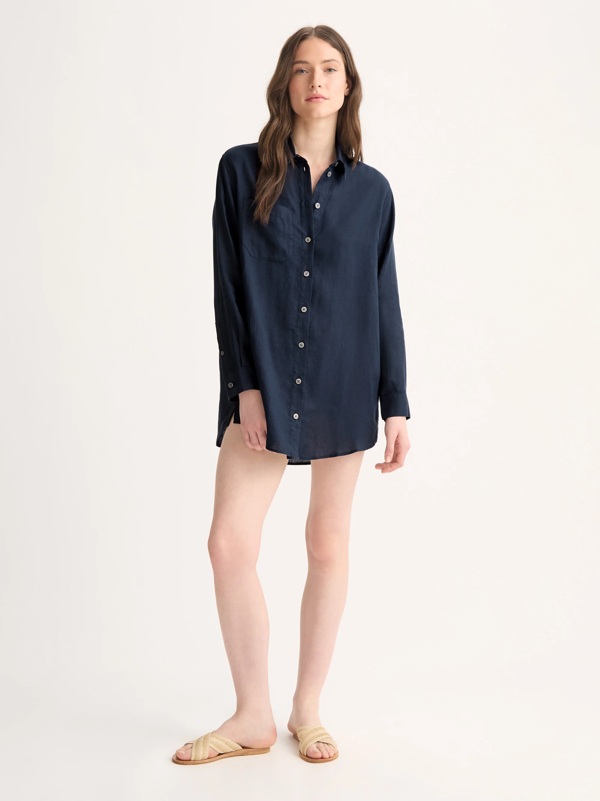 Women's Longline Shirt Sicily Linen Navy - Image 2