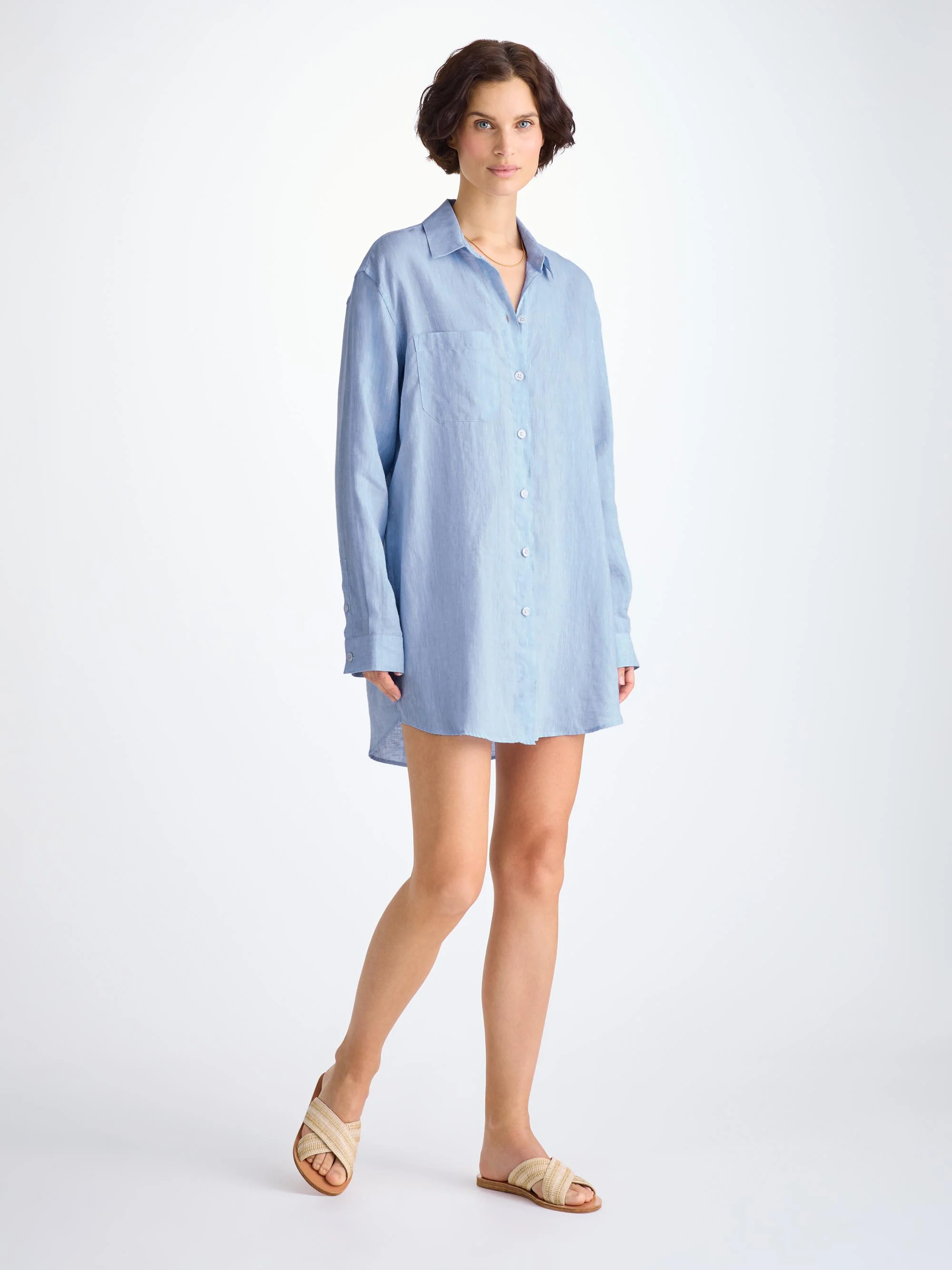 Women's Longline Shirt Sicily Linen Sky Blue - Image 3