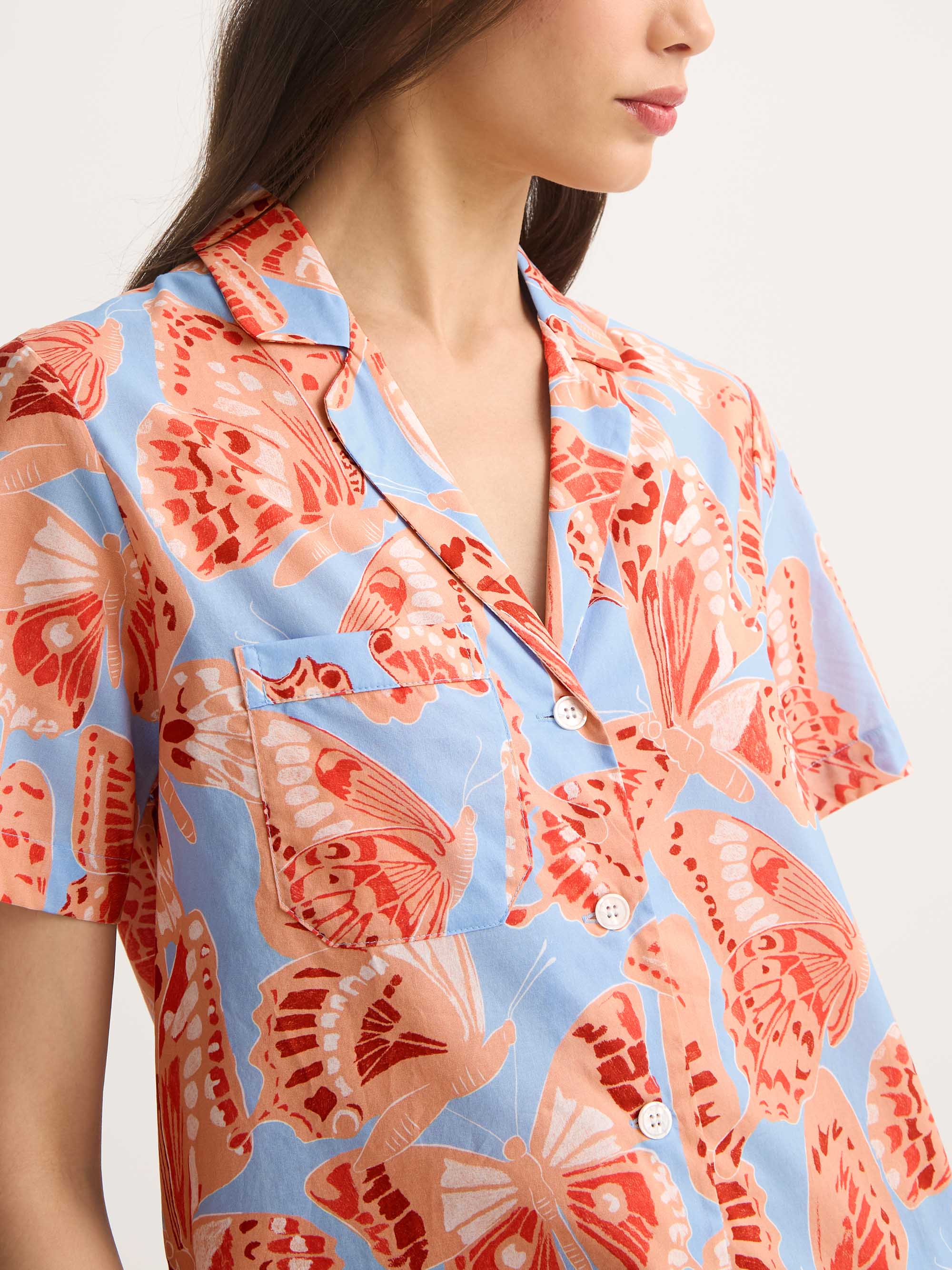 Women's Short Pyjamas Cotton Batiste Light Blue & Peach Butterfly Print - Image 3