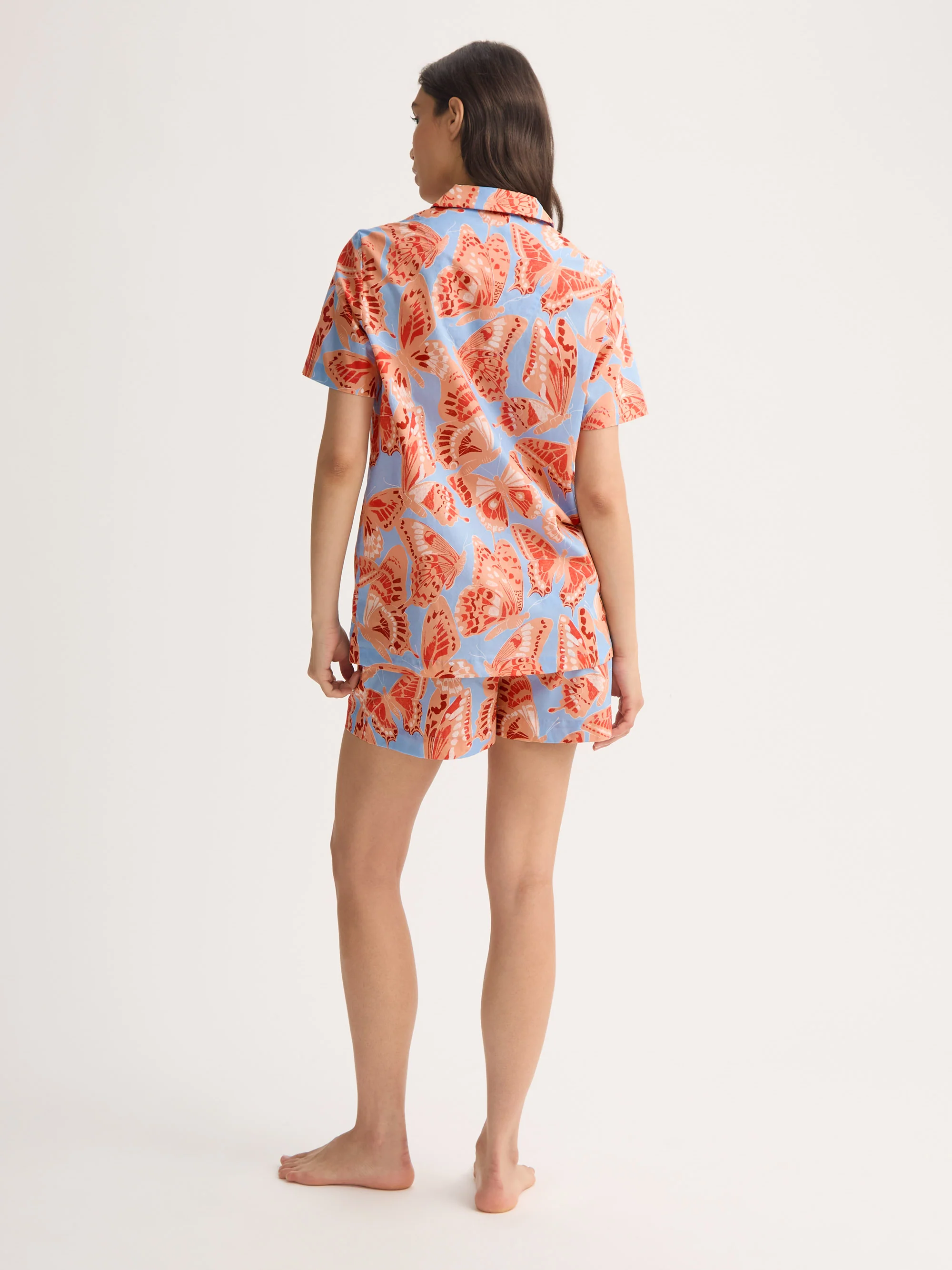 Women's Short Pyjamas Cotton Batiste Light Blue & Peach Butterfly Print - Image 4