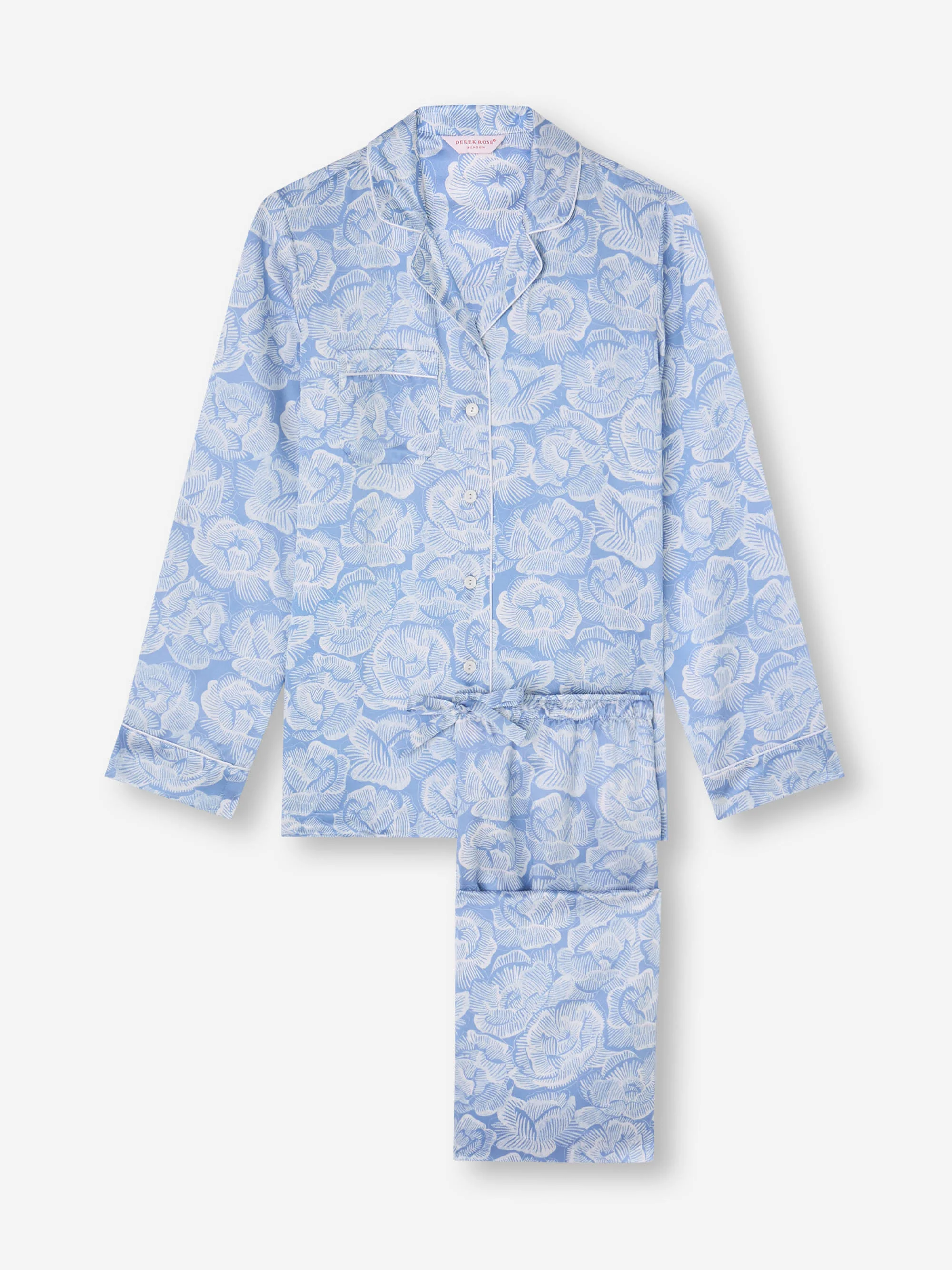 Women's Silk Pyjamas Light Blue & White Rose Print - Image 6