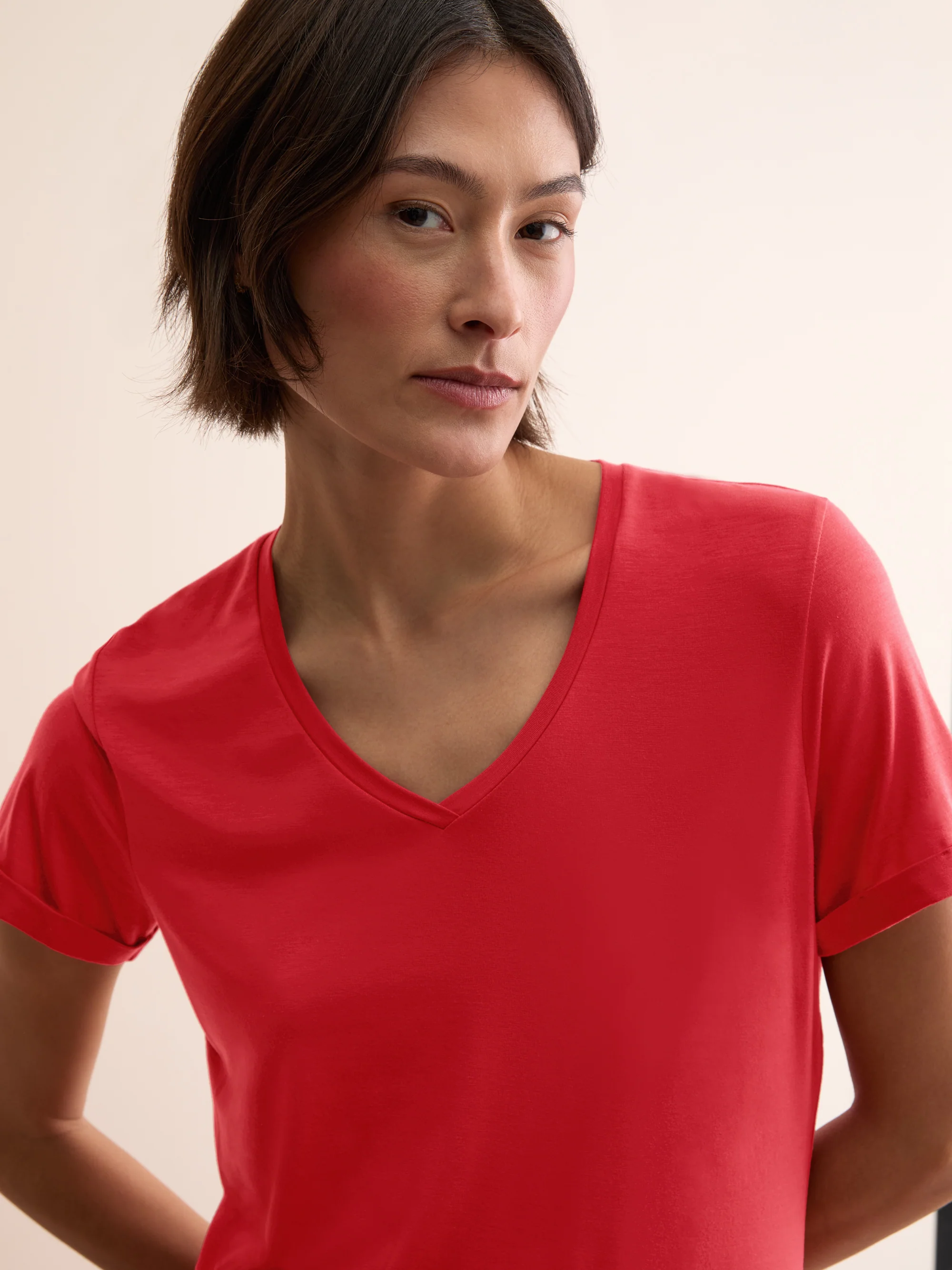 Women's V-Neck Sleep T-Shirt Lara Micro Modal Stretch Cherry Red - Image 7