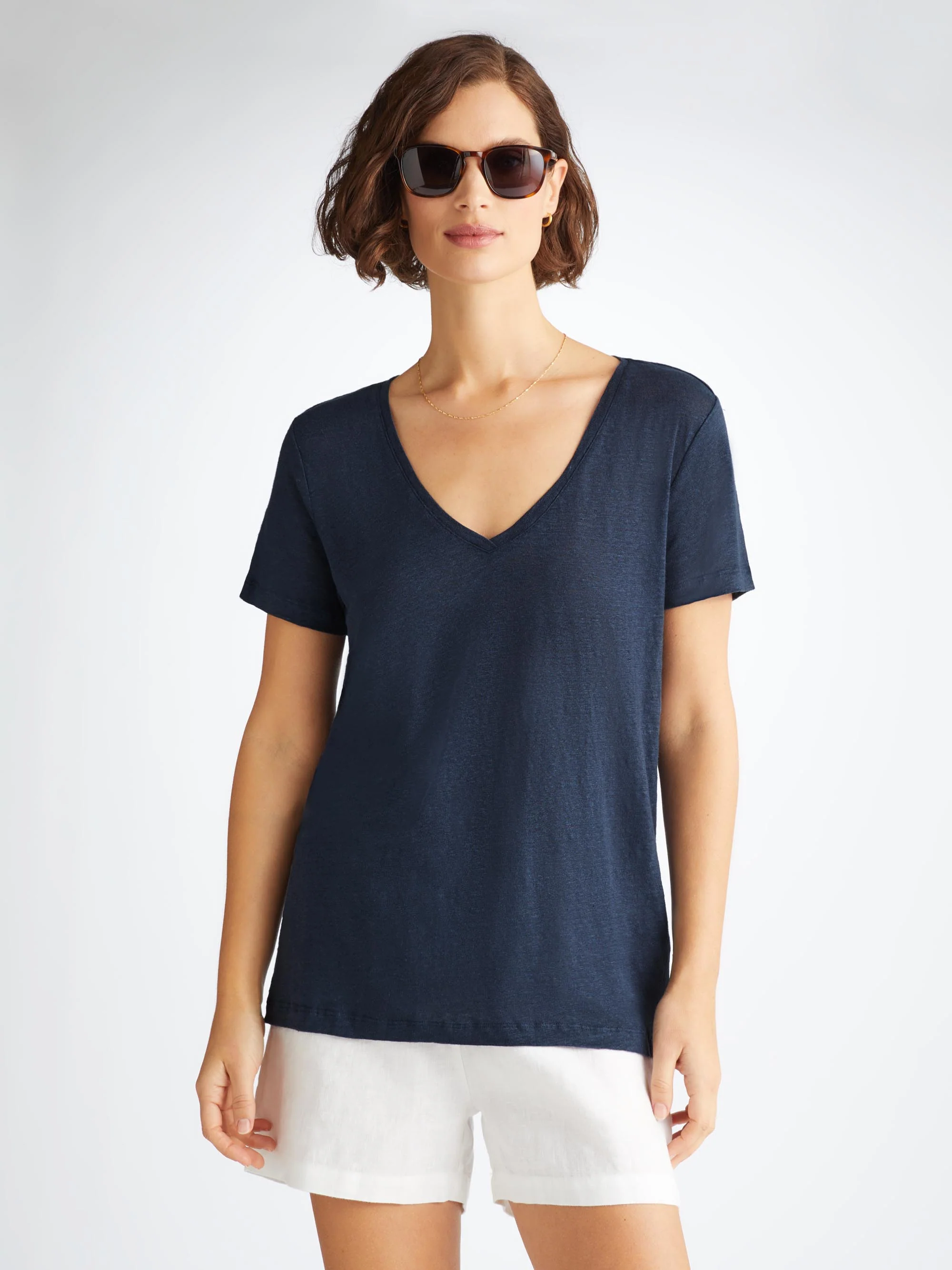 Women's V-Neck T-Shirt Jordan Linen Navy - Image 2