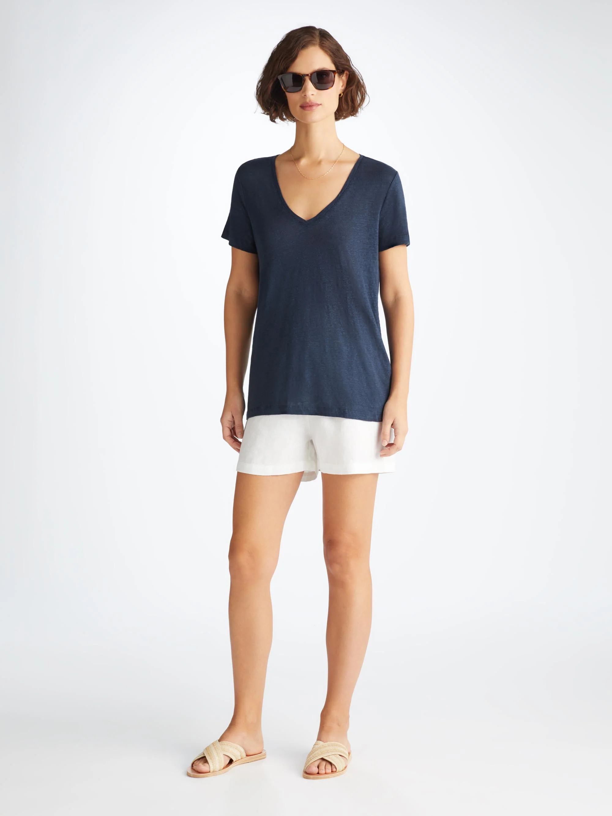 Women's V-Neck T-Shirt Jordan Linen Navy - Image 3