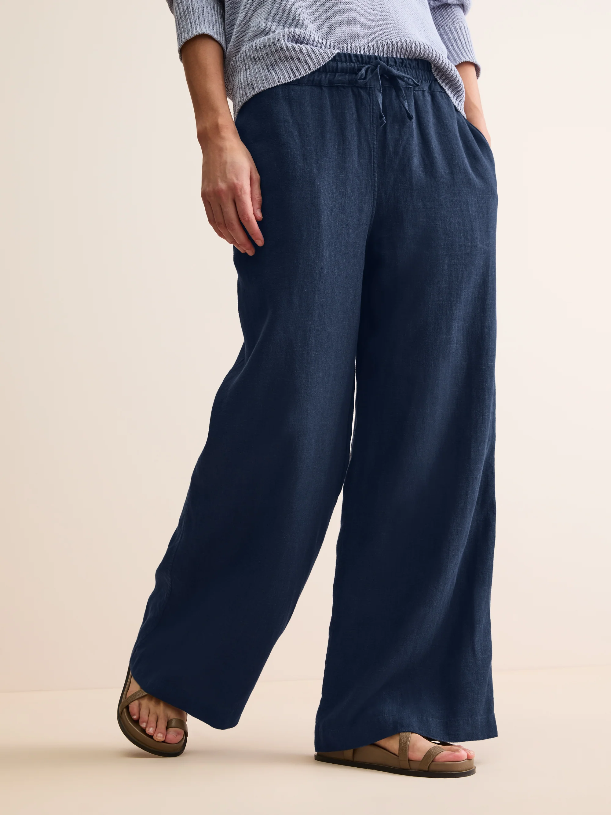 Women's Wide Leg Trousers Sicily Linen Navy Blue - Image 2